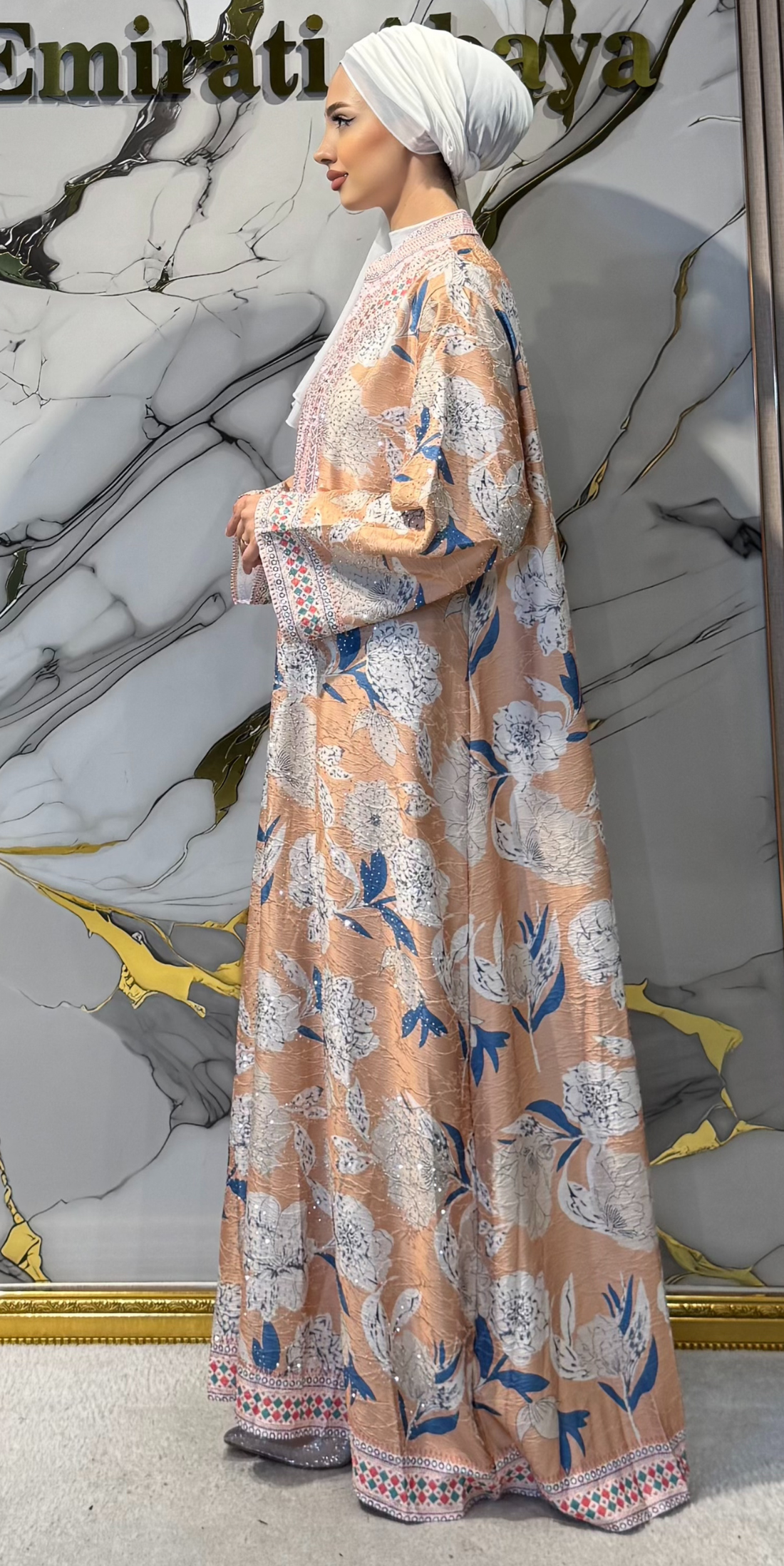 Çiçek Baskılı Turuncu Jakar Günlük Abaya | KSA05 ORANGE