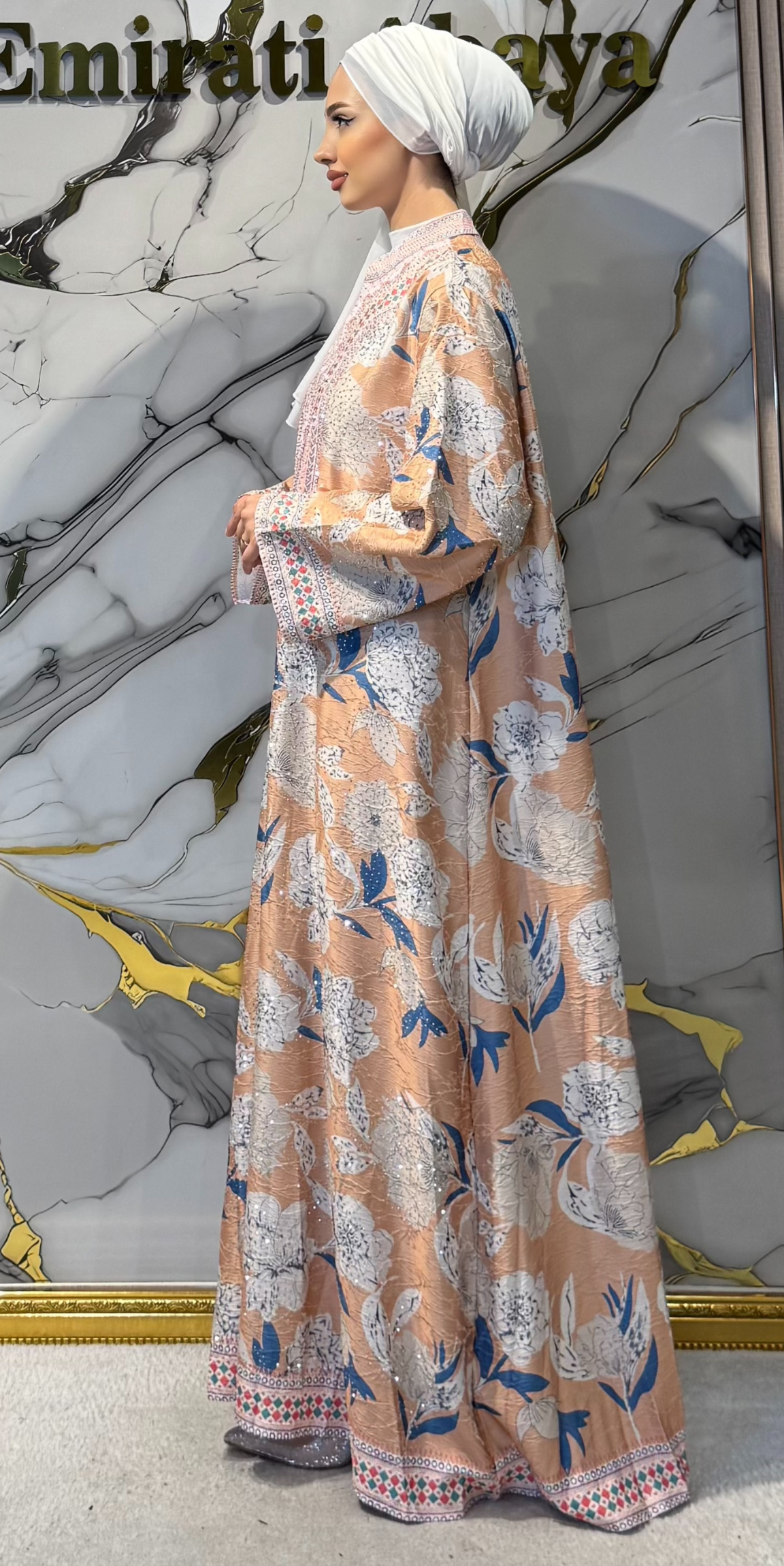 Çiçek Baskılı Turuncu Jakar Günlük Abaya | KSA05 ORANGE