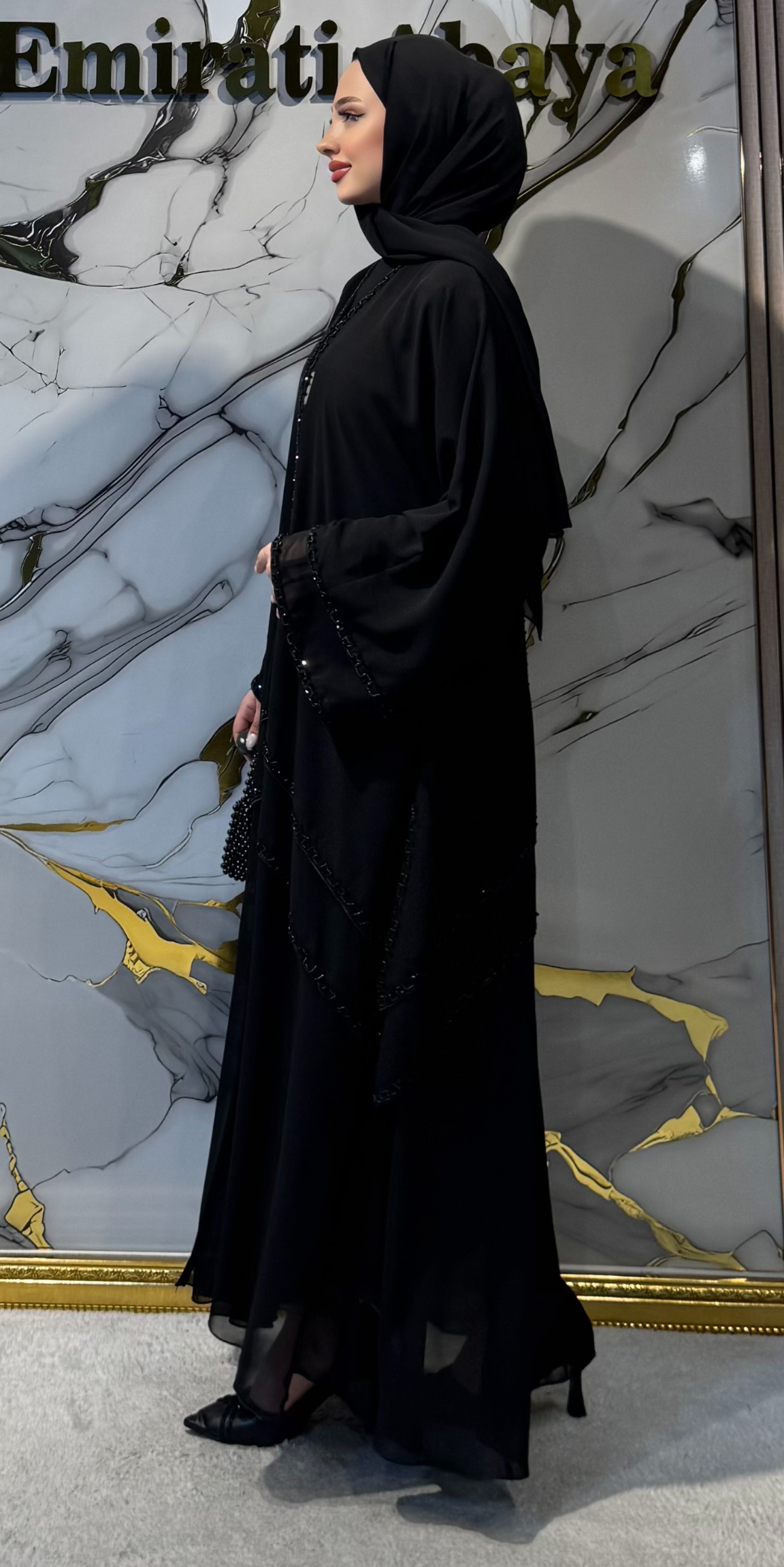 Zarif Taşlı El İşçiliği Şifon Abaya M36 BSB - Özel Gün Zarif Model