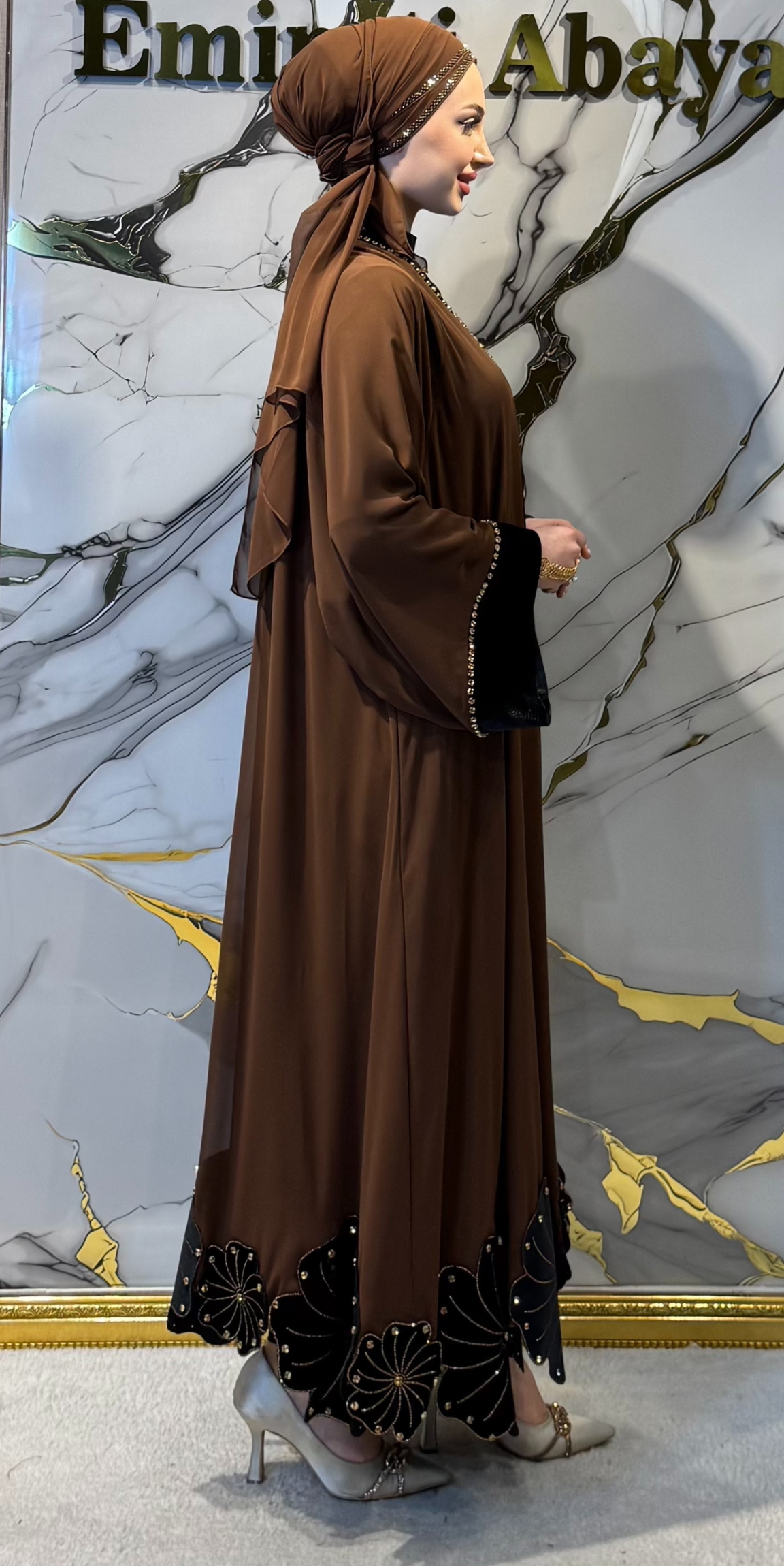 Brown Chiffon Abaya with Floral Embellishments on the Hem and Black Velvet Details | WS60 GSK