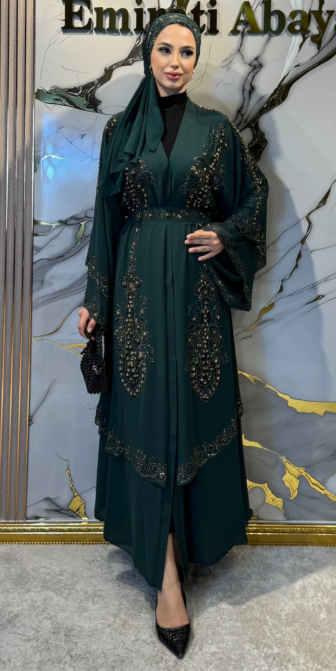 Double Layered Green Chiffon Set with Gold Stones, Shawl and Belt Included | LY14 GS GREEN