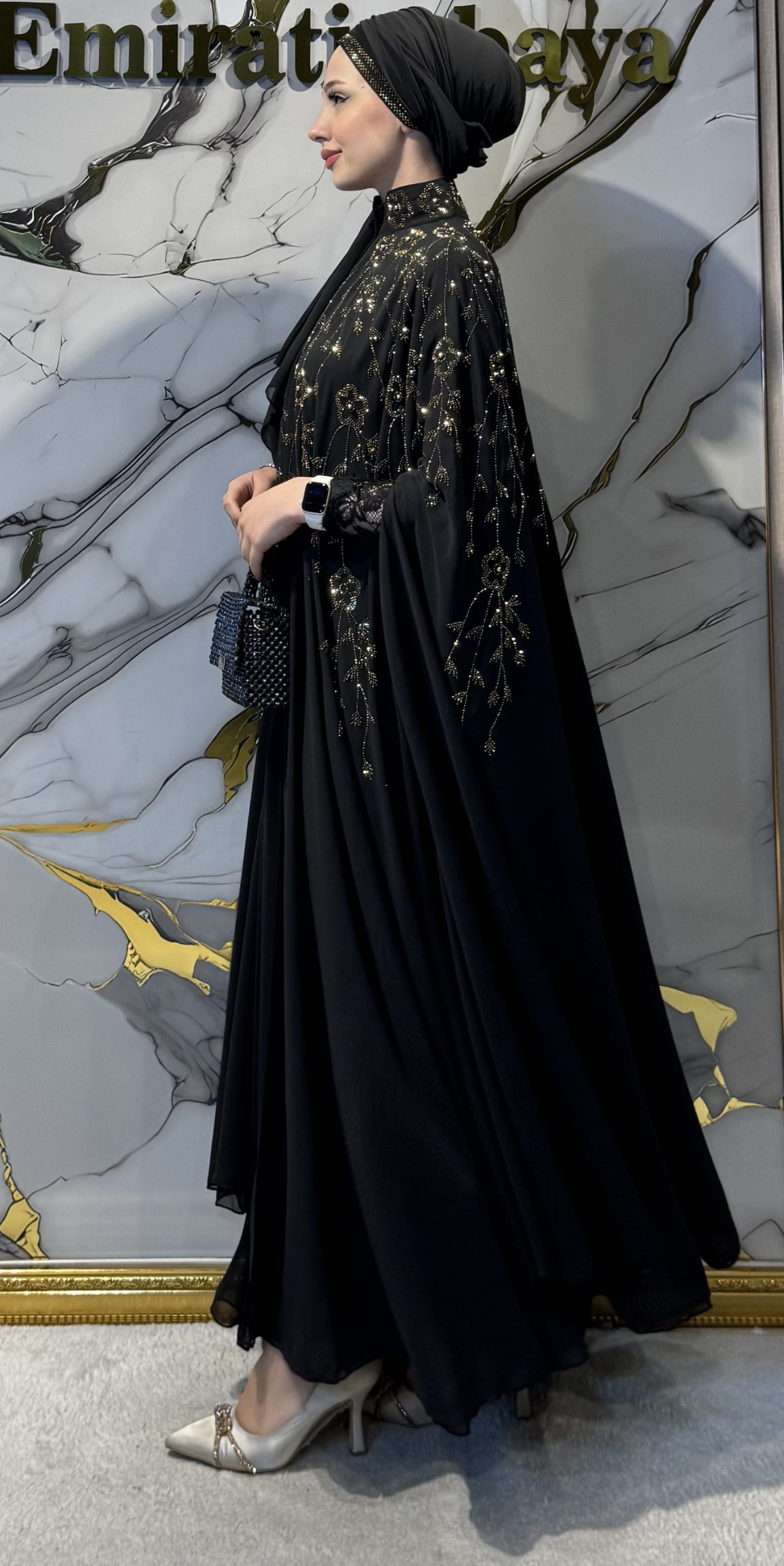 Kolsuz Şifon Abaya Gold Çiçek Taş İşlemeli | LY44 GSB