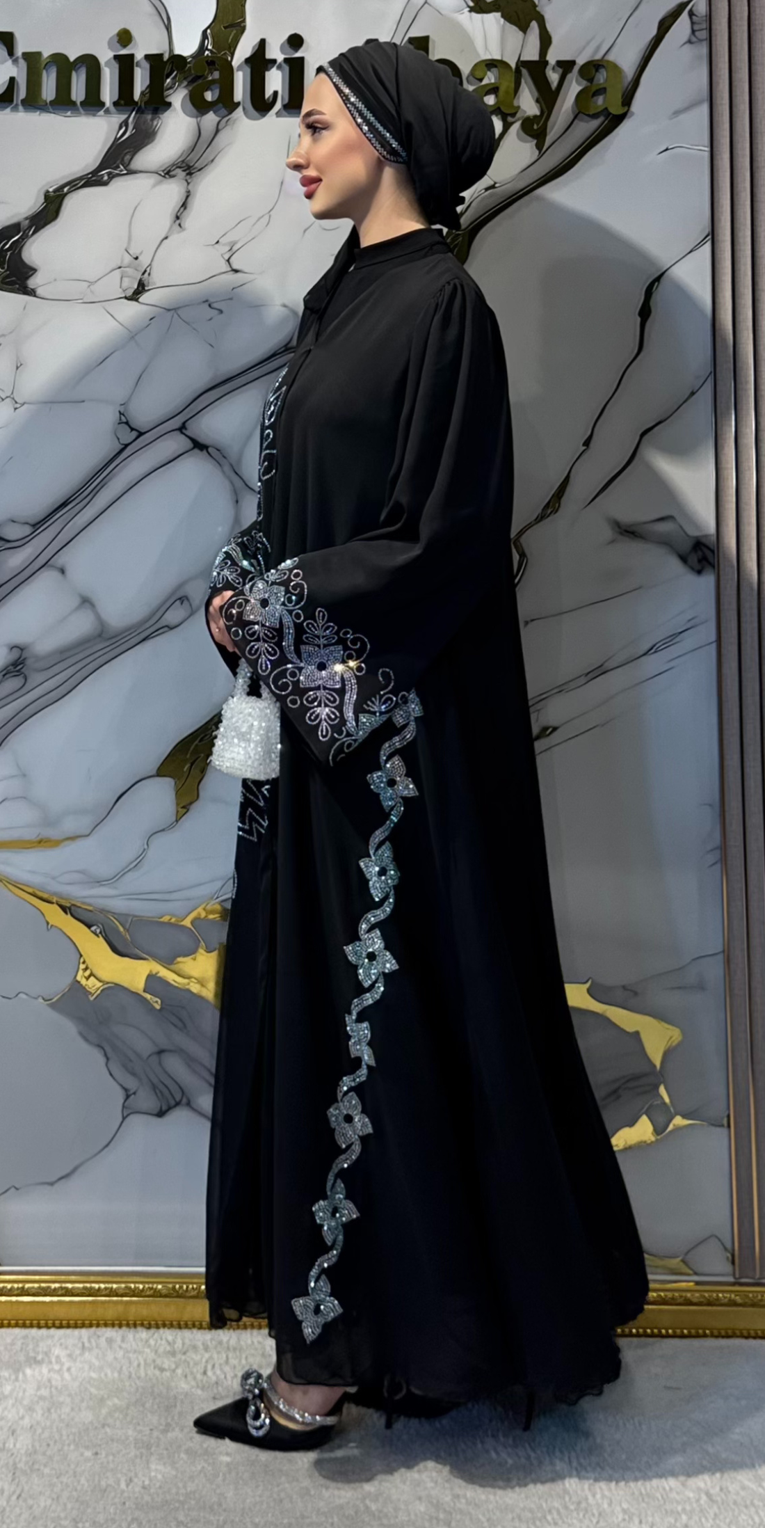 JanJan Embellished Flower Patterned Black Chiffon Abaya Scarf Included | TM70 JSB