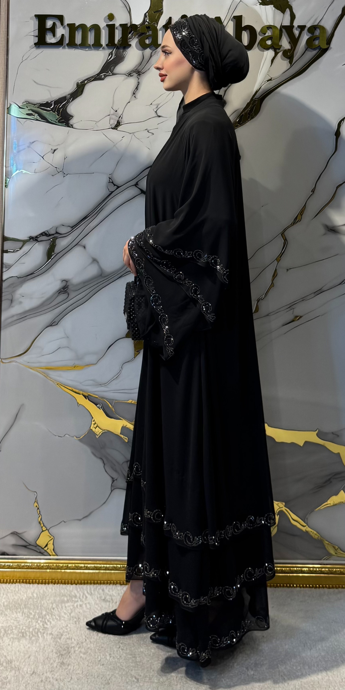 Three-Layer Hematite Stone Embellished Black Chiffon Abaya | LY02 HSB
