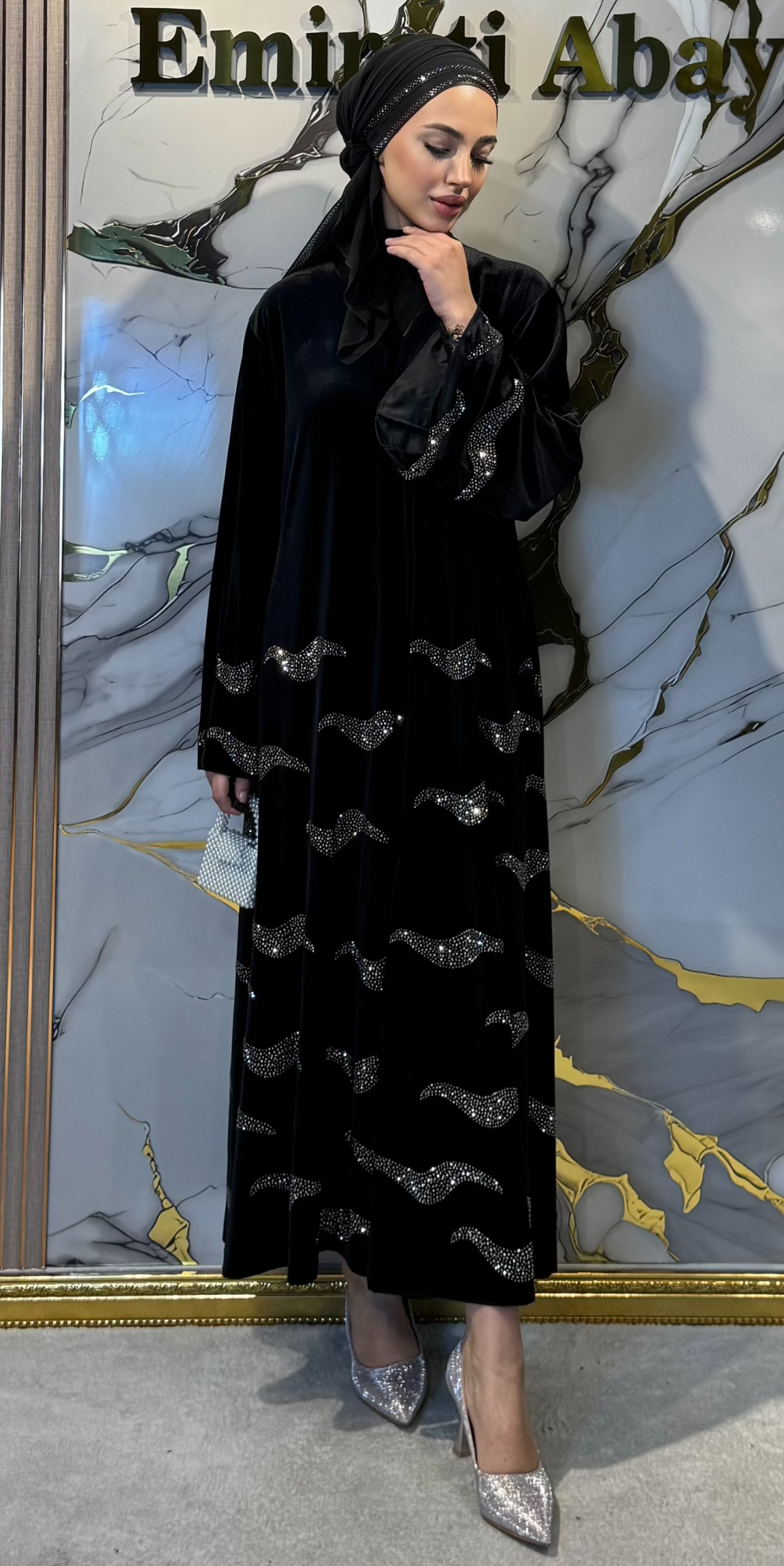 Luxury Black Velvet Abaya with Hematite and Swarovski Crystals | TM39 HSVB