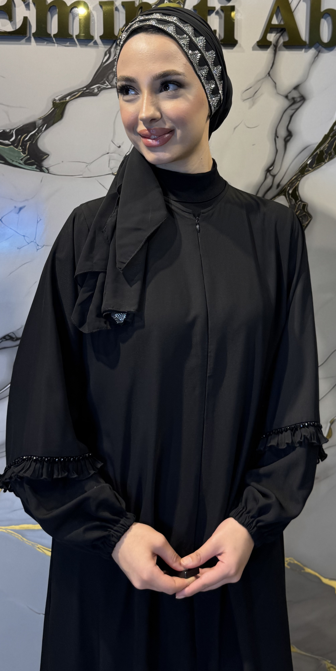 Front Hematite Stone Embellished Chiffon Scarf 180x75cm SHAWL17 HSB - Elegant Edge Detail Model