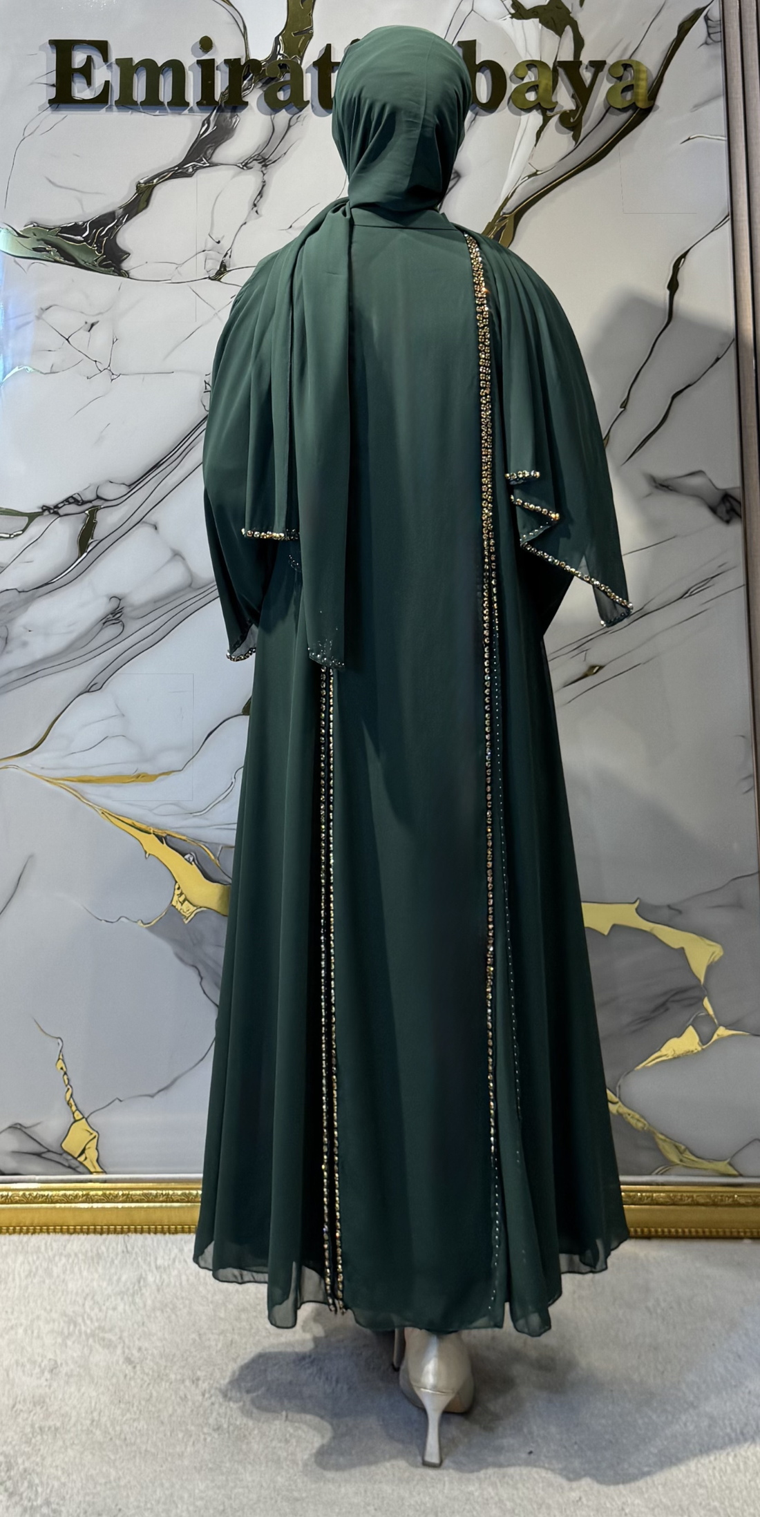 Önü Yırtmaçlı Gold Taşlı Şifon Yeşil Abaya - Zarif Lüks Model TM06 C GS GREEN