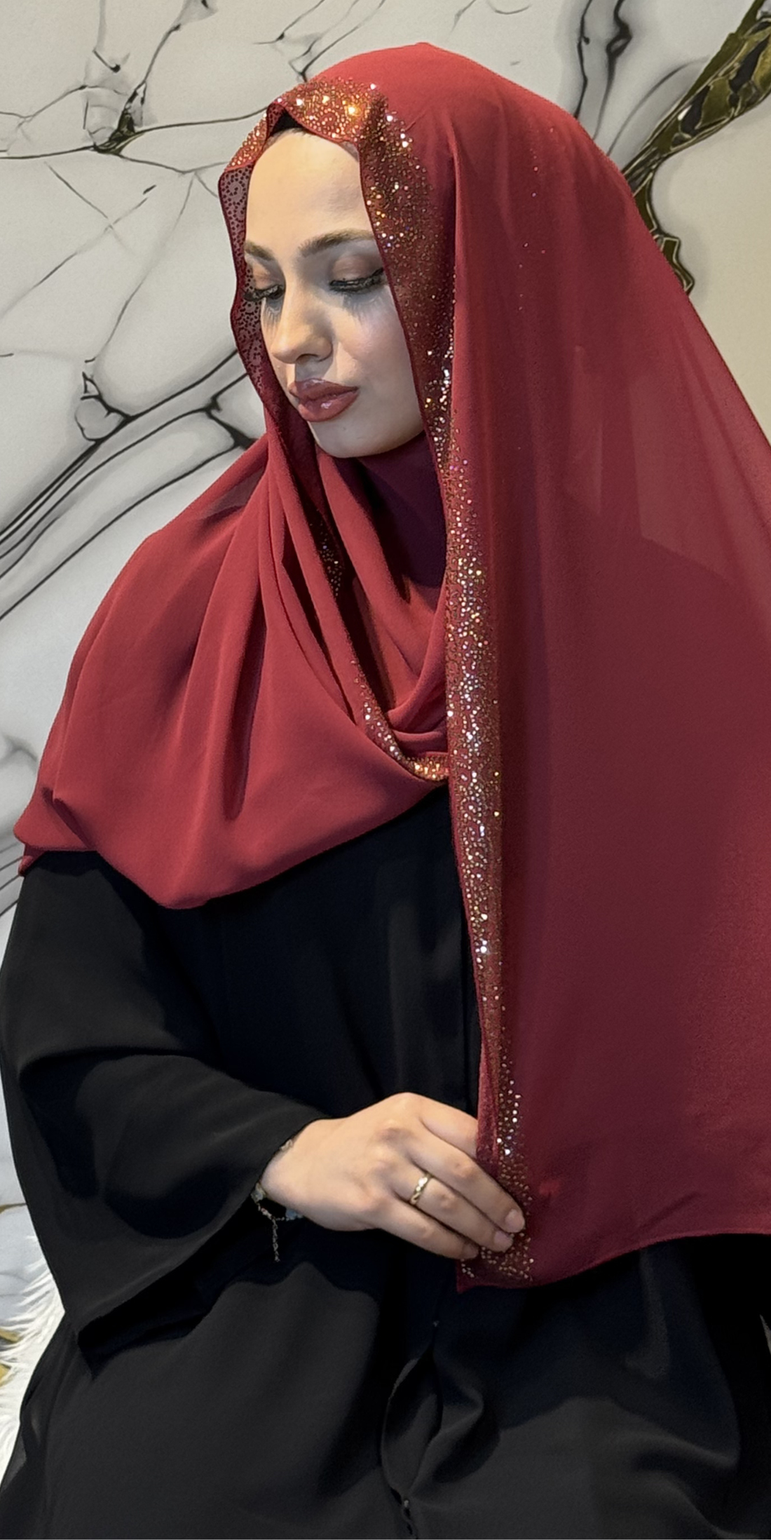 Bordo Gold Taşlı Şifon Şal