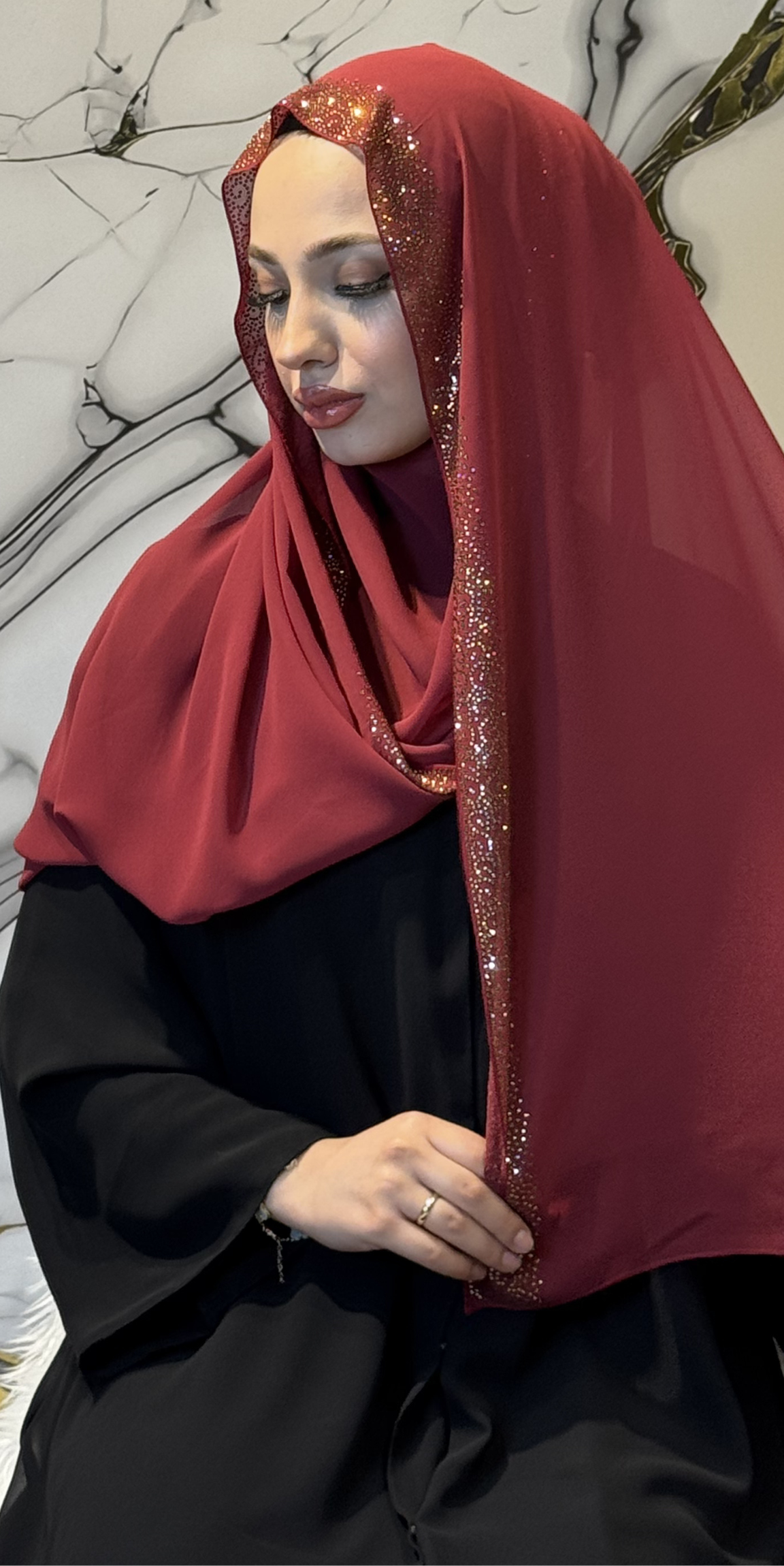 Bordo Gold Taşlı Şifon Şal Detay