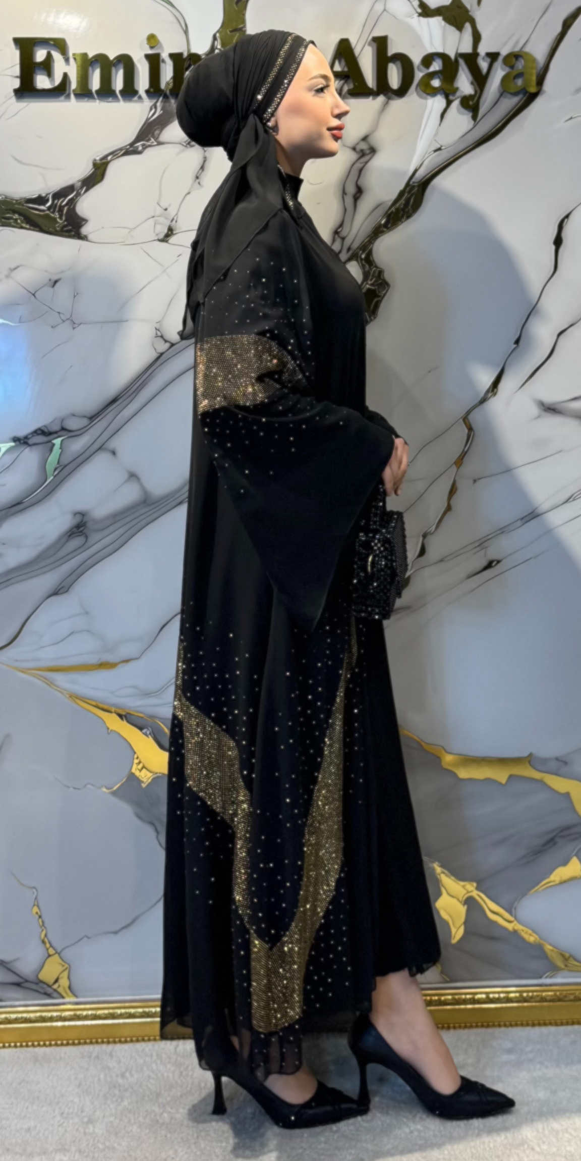 Çapraz Gold Taşlı Siyah Şifon Abaya | Lüks Düğün Abayası TM35 GSDB