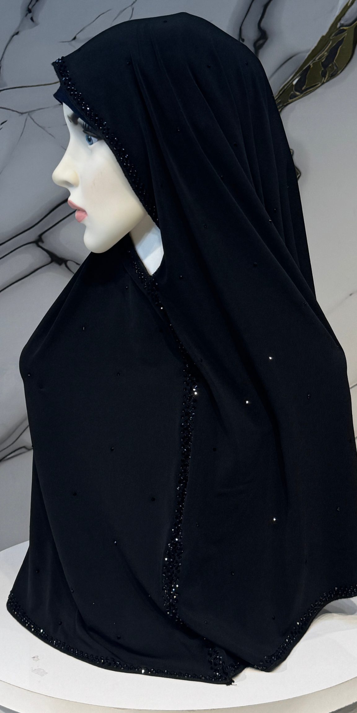 Siyah Taşlı Yüz Örtülü Siyah Dubai Şal Emirati Abaya | SAL69 BSB