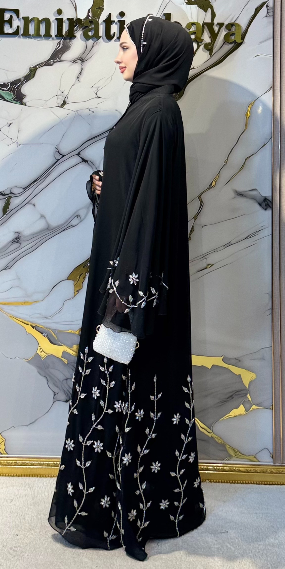 El İşlemeli Taşlı Siyah Şifon Abaya – Şal Hediyeli | EF0035 WSB