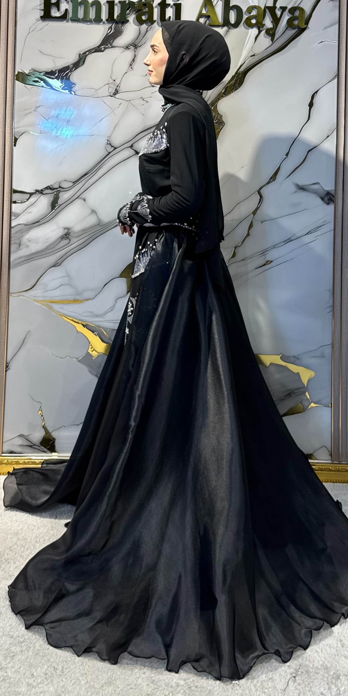 Black Chiffon Wedding Abaya with White Stone Embellishments - Elegant Lace Detail Model WS16