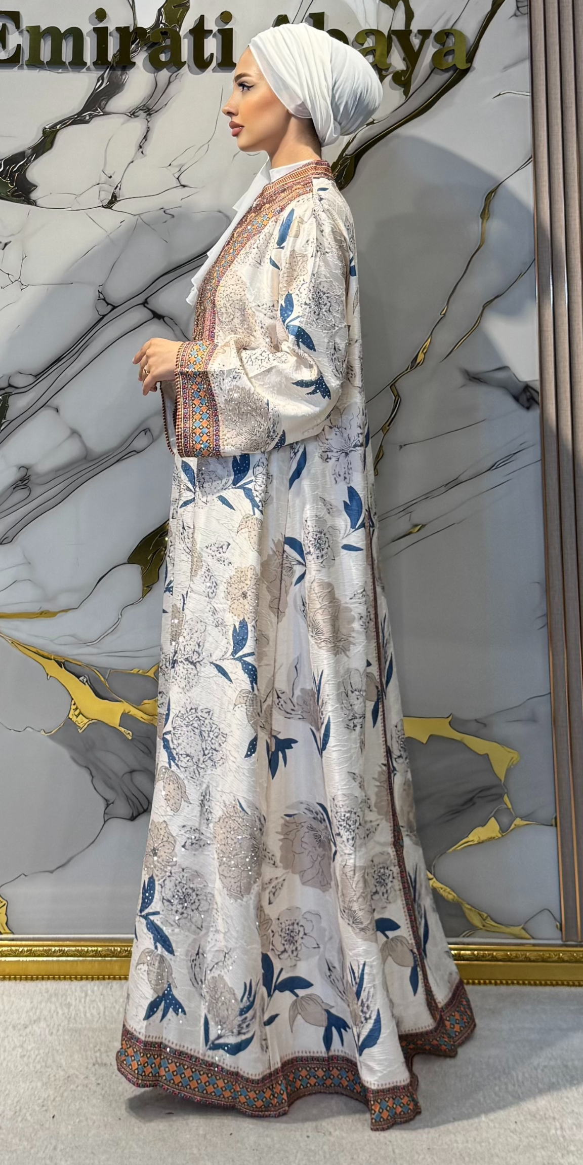 Çiçek Baskılı Krem Jakar Günlük Abaya | KSA05 KREM
