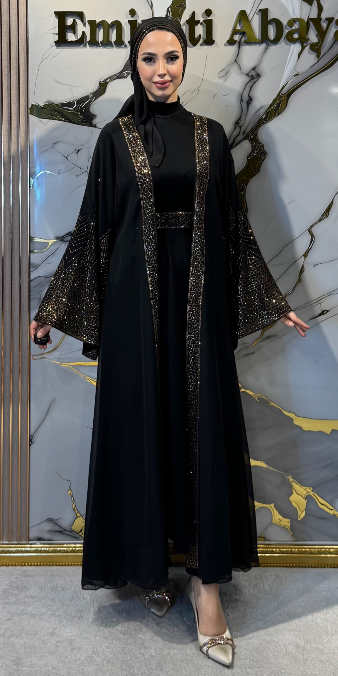 Dubai Stil Altın Swarovski Taşlı Premium Kore Şifon Abaya TM72 - 4 Parça Lüks Set (Şal, Kemer ve İçlik Dahil) TM72 GSB