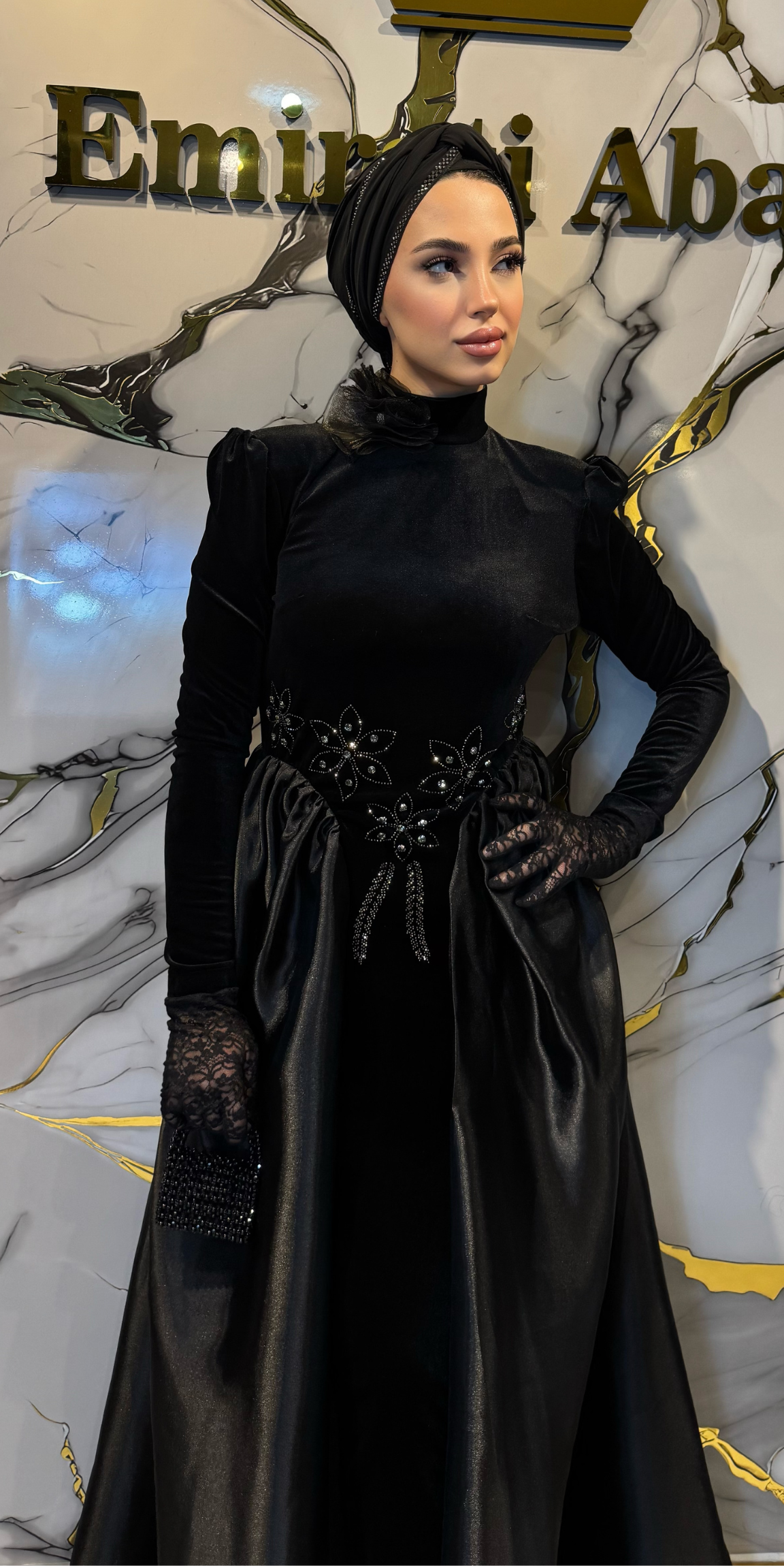 Dubai Style Evening Dress with Hematite Stones, Velvet and Organza Details