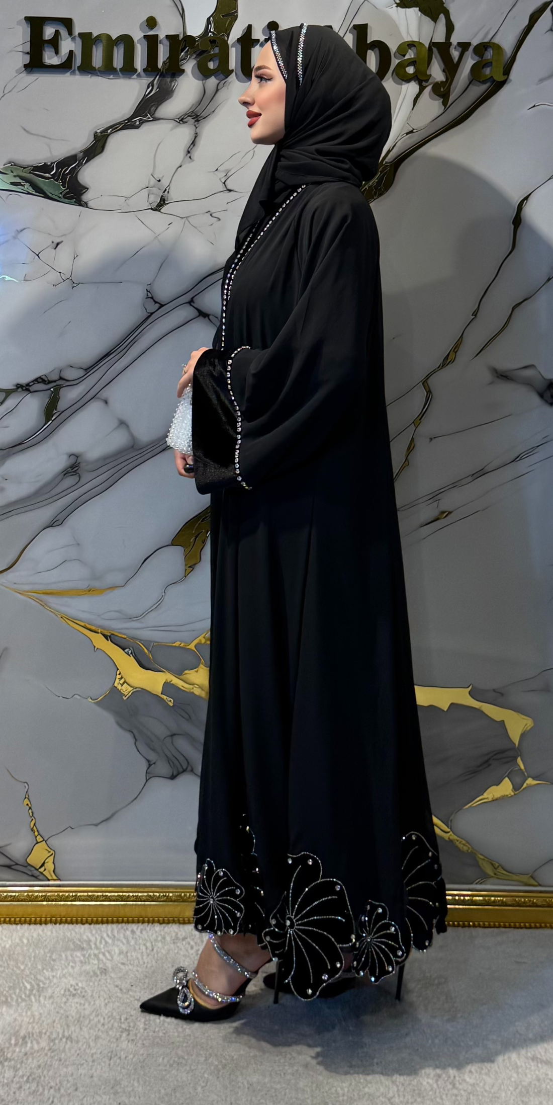 Elegant Black Abaya with Swarovski Crystals and Floral Pattern | WS60 JSB