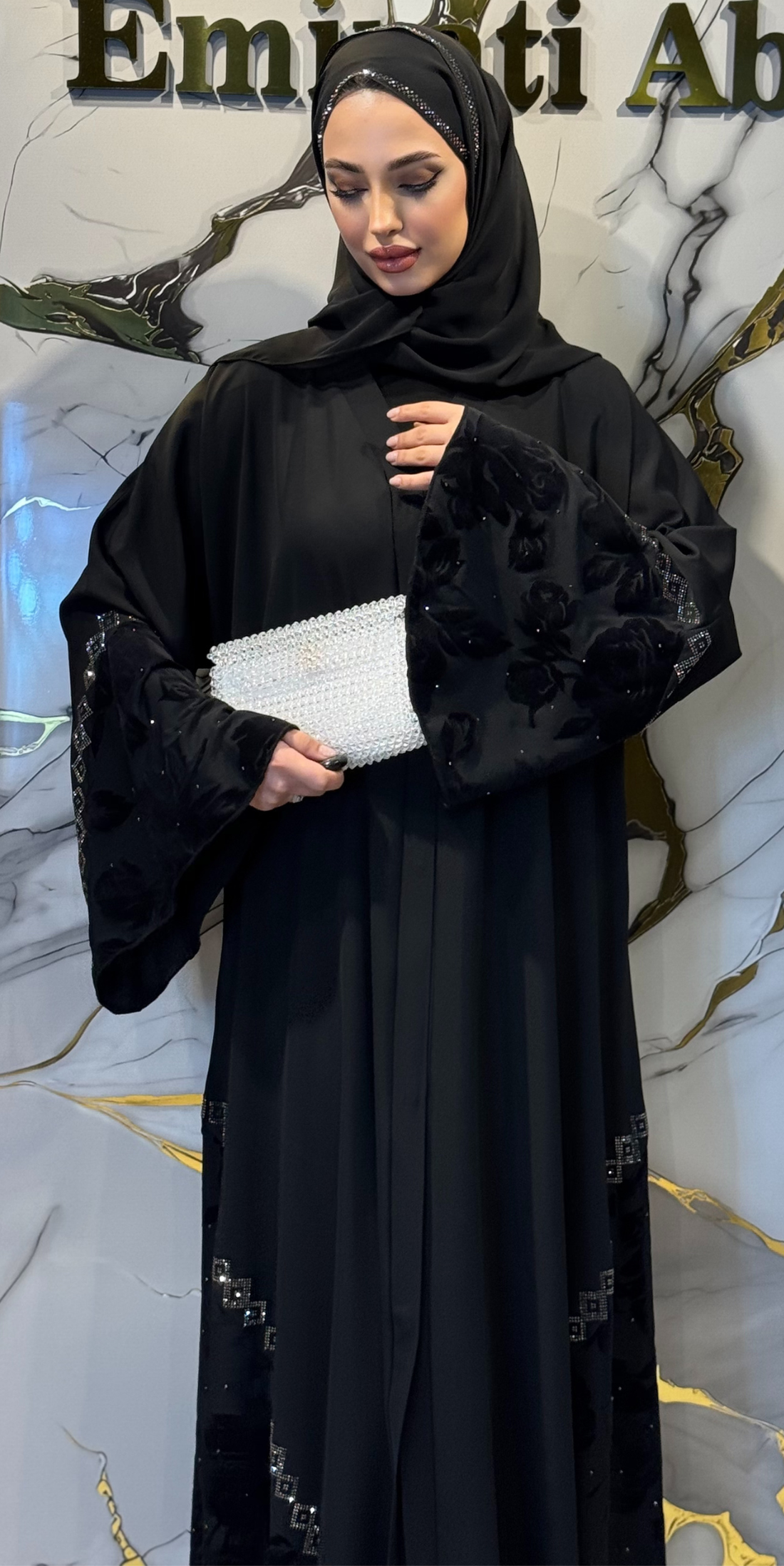 Siyah Flok & Kore Şifon Swarovski Hematit Taşlı Dubai Stil Abaya