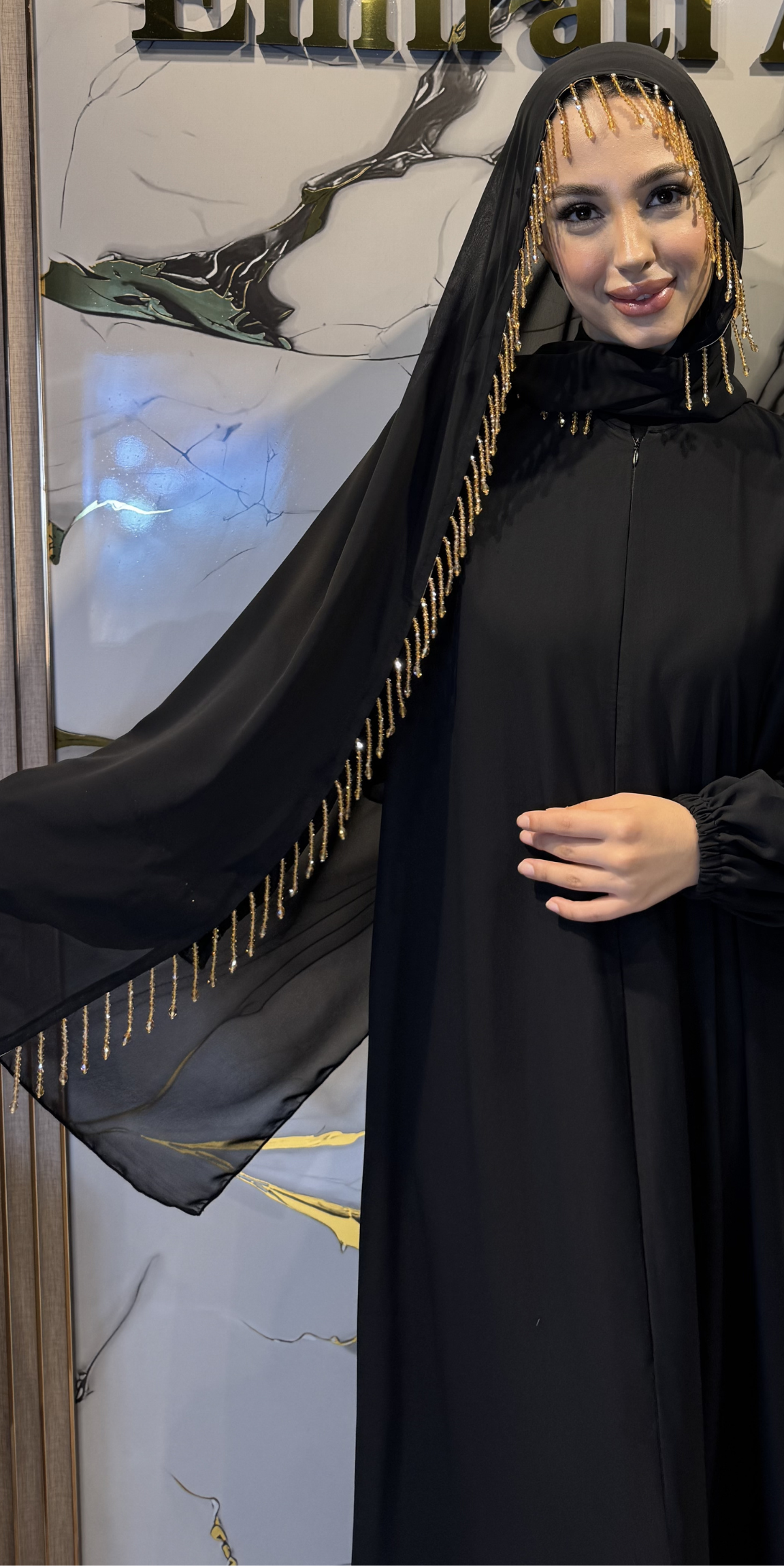 Siyah Kore Şifon Altın Taşlı Şal 180x75cm SAL18 BSB - Premium Zarif Model