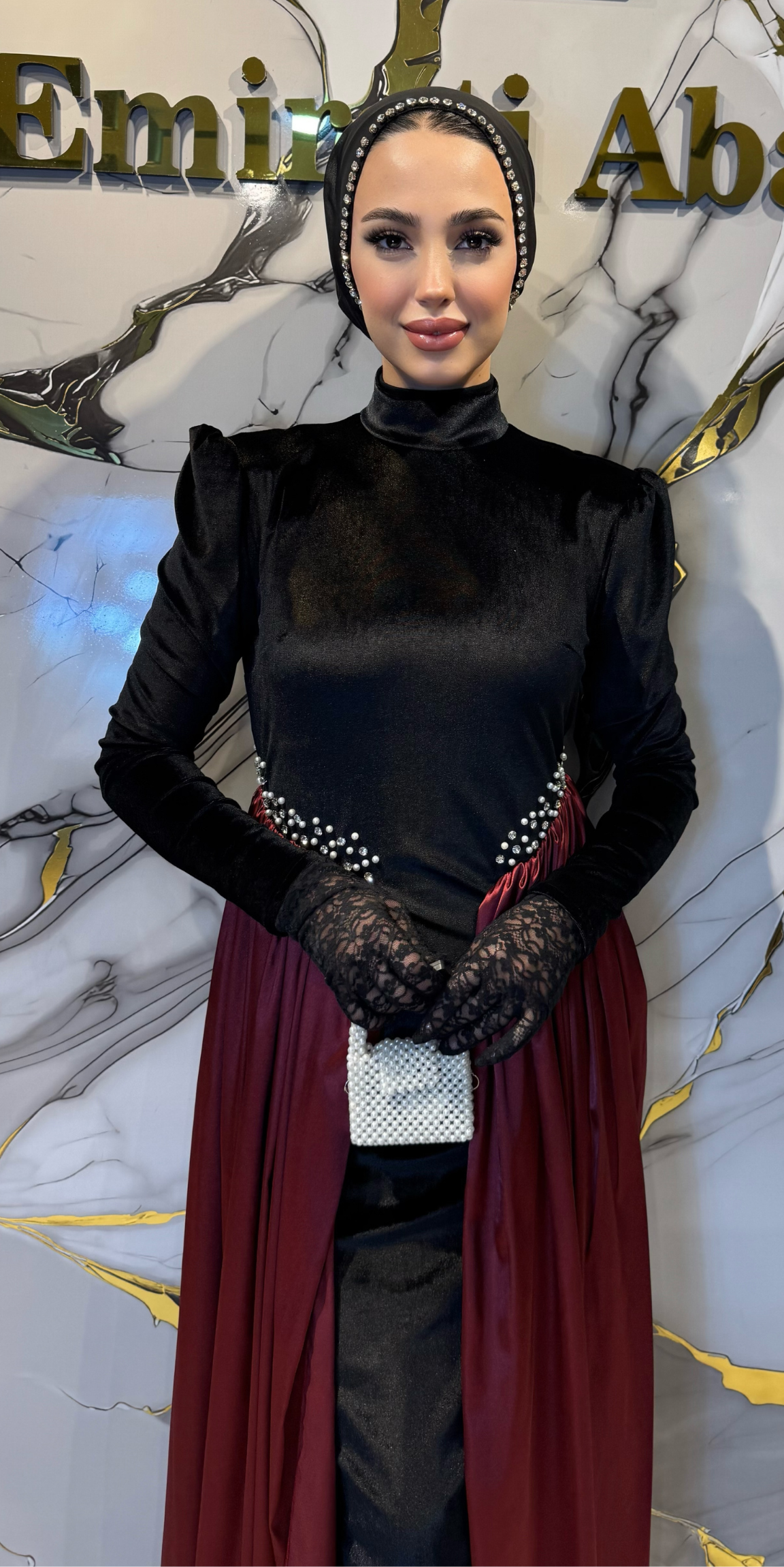 Red Organza Detailed Velvet Dubai Style Evening Dress with Swarovski Crystals