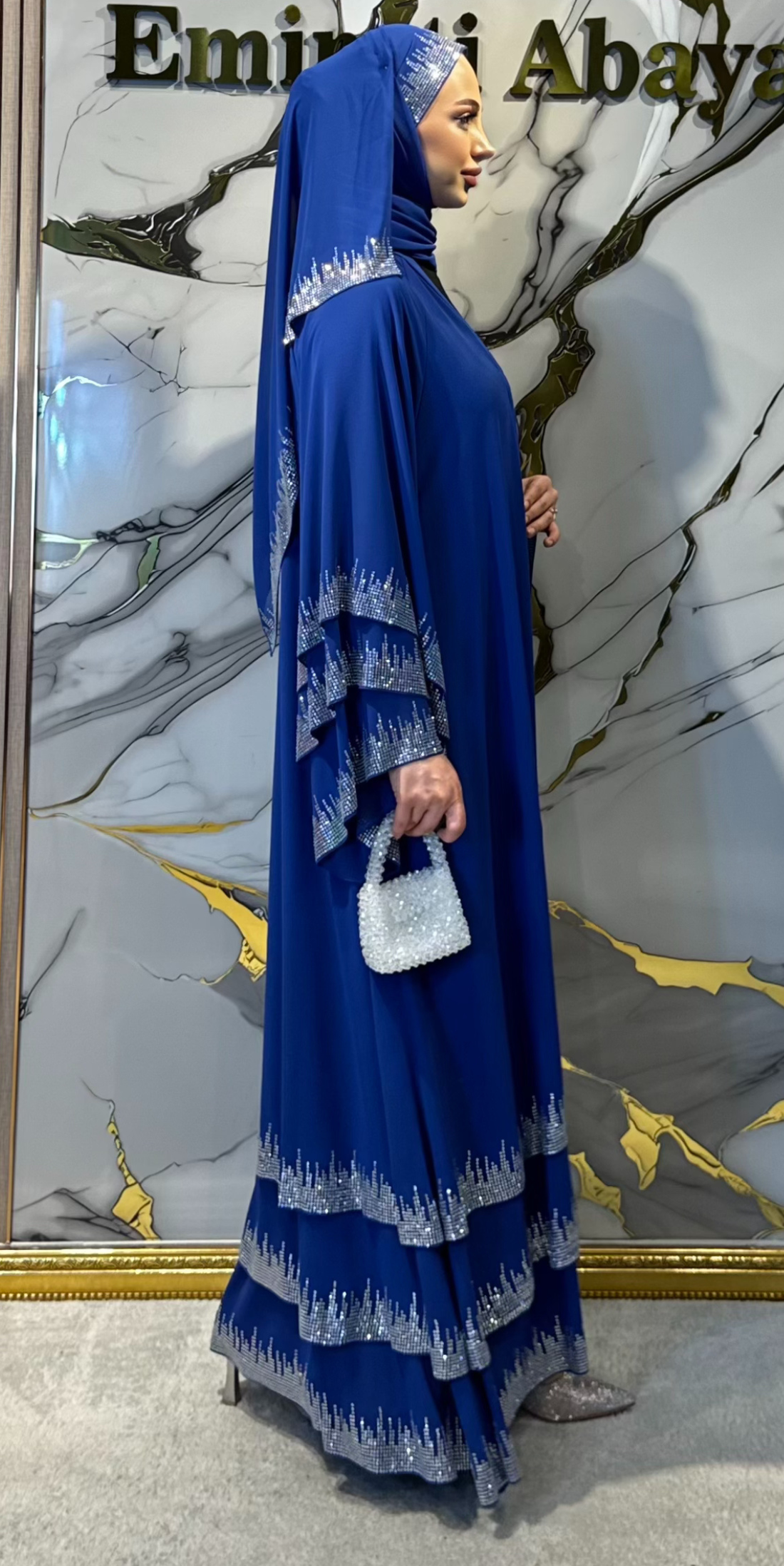 Üç Katlı Gümüş Taşlı Mavi Şifon Takım Şal Dahil | TM22 WSM