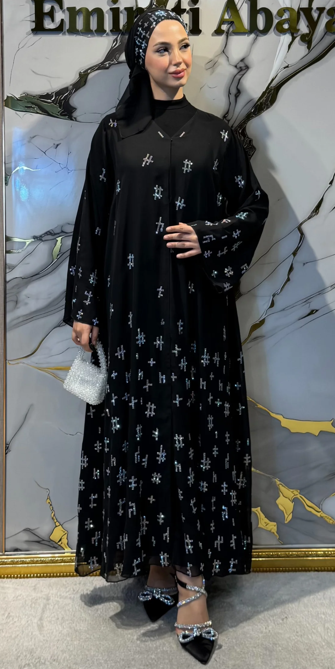 Janjan Geometrik Taş Detaylı Siyah Şifon Abaya | TM53 JSB