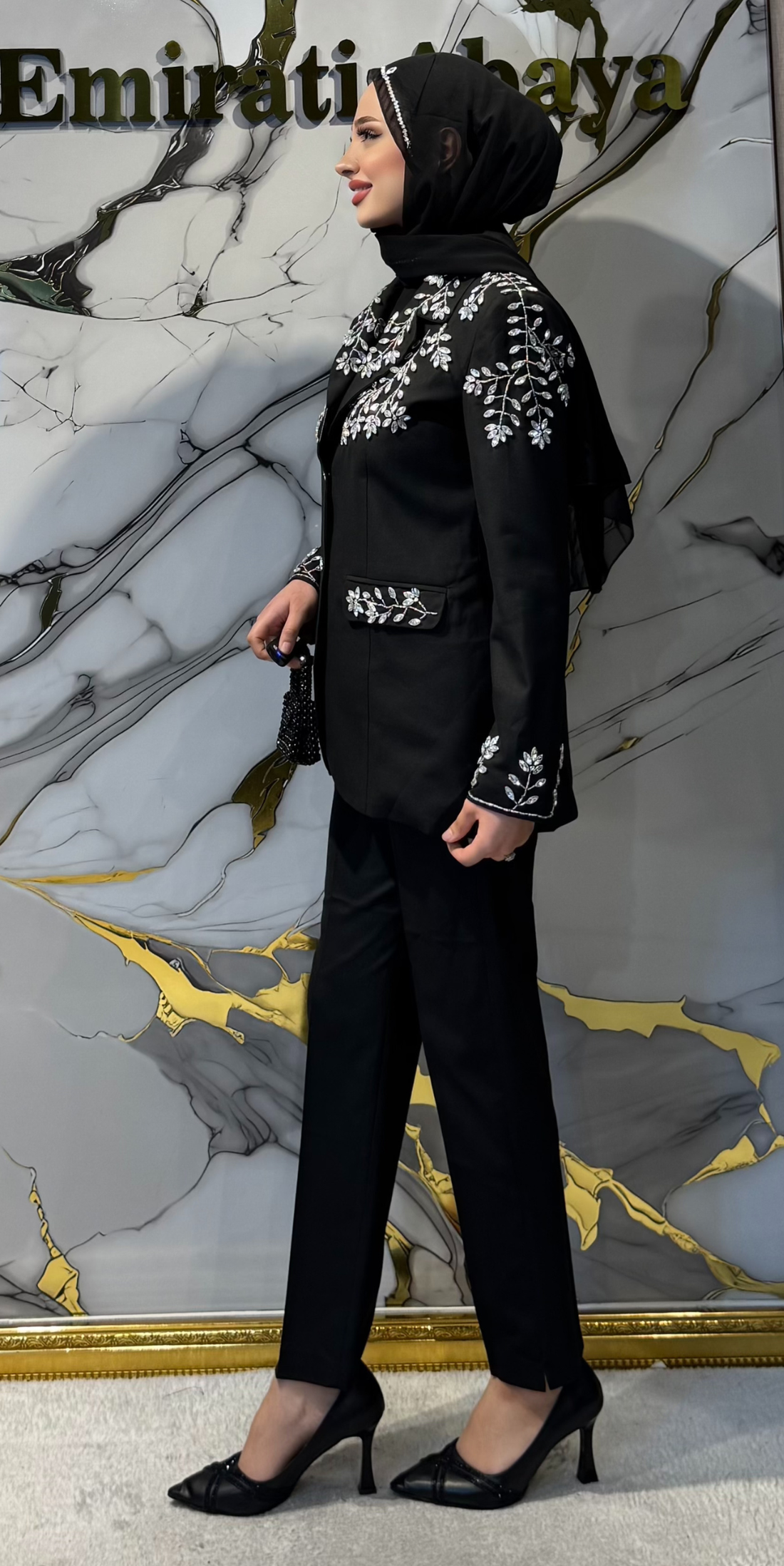 Siyah Krep Kumaş El İşçiliği Beyaz Taş İşlemeli Ceket | EF0024 WSB