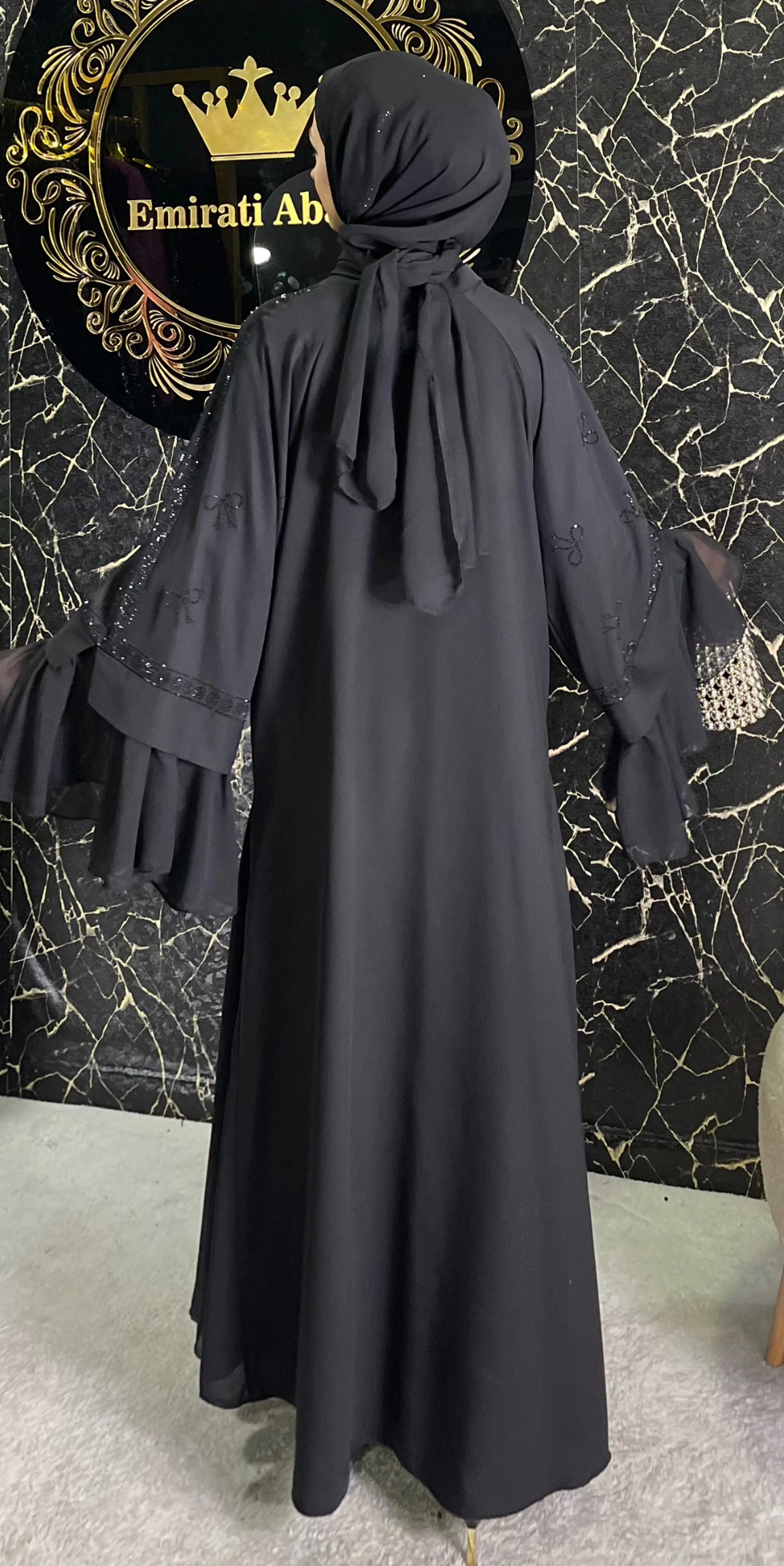 Luxury Butterfly Stone Patterned Black Chiffon and Dubai Fabric Abaya - Shawl Included WS68 BSB