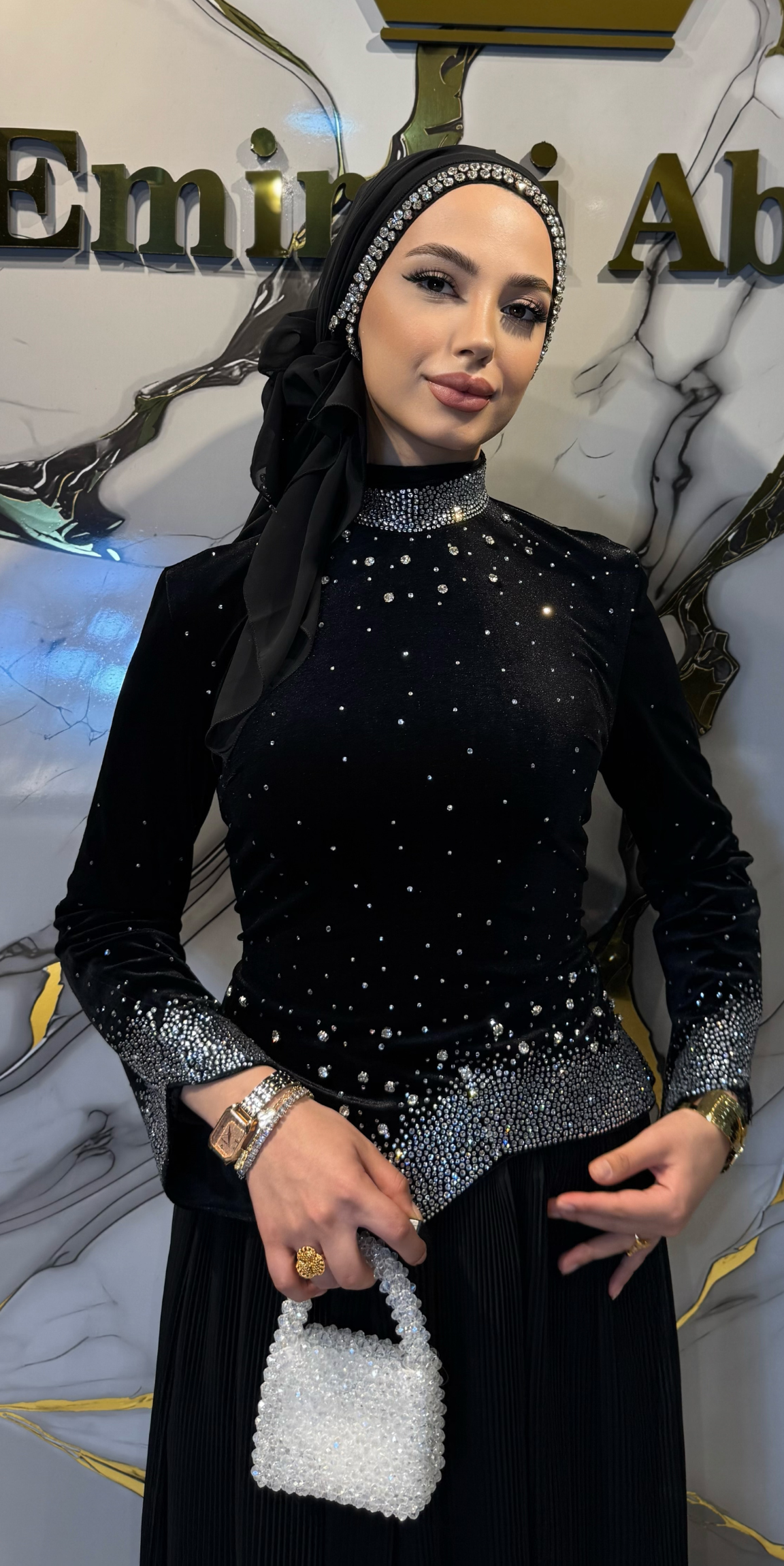 Gece Işıltısı Siyah Kadife Swarovski Taşlı Dubai Abiye | LY22 WSVB