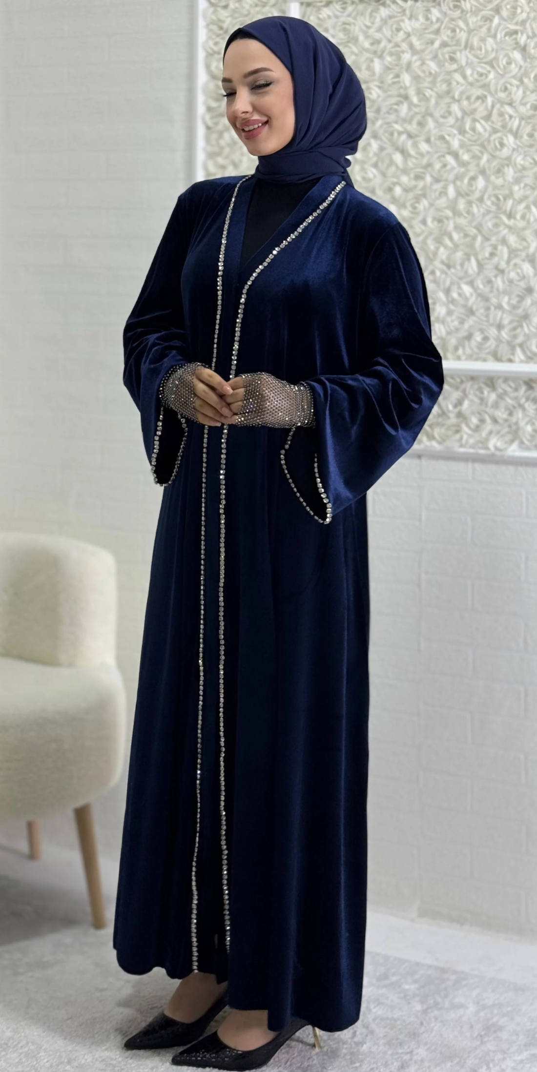 Navy Blue Velvet Abaya with Crystal Embellishments TM92 WSVL