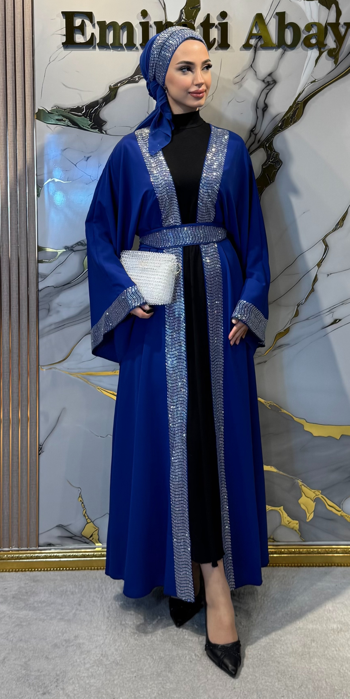 White Stone Embellished Blue Chiffon Traditional Style 3-Piece Set | TM47 WSM