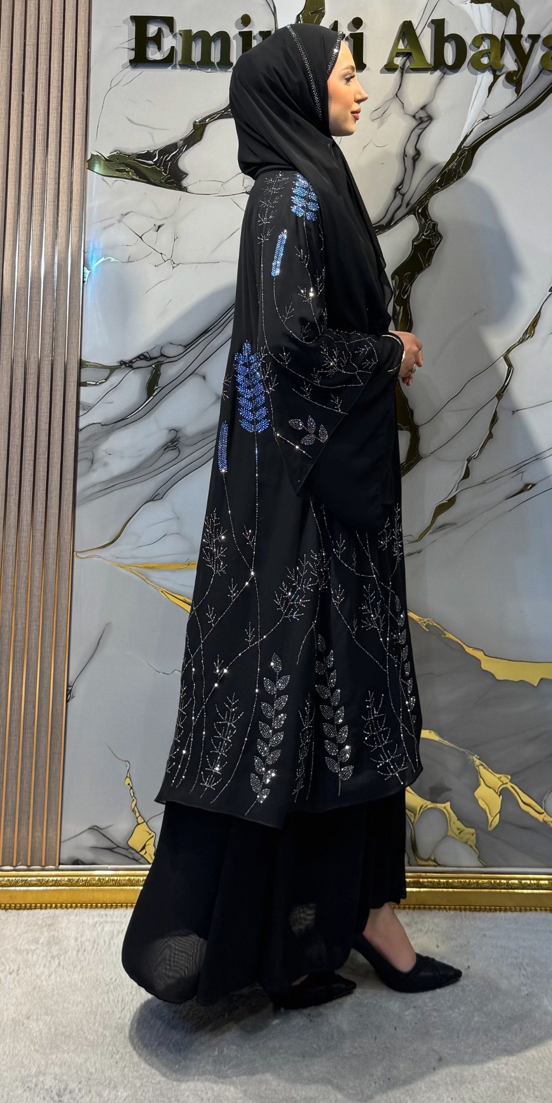 Hematit Mavi Taşlı Dal Yaprak Motifli 2 Katlı Siyah Şifon Abaya – Şallı Takım | LY51 HSB