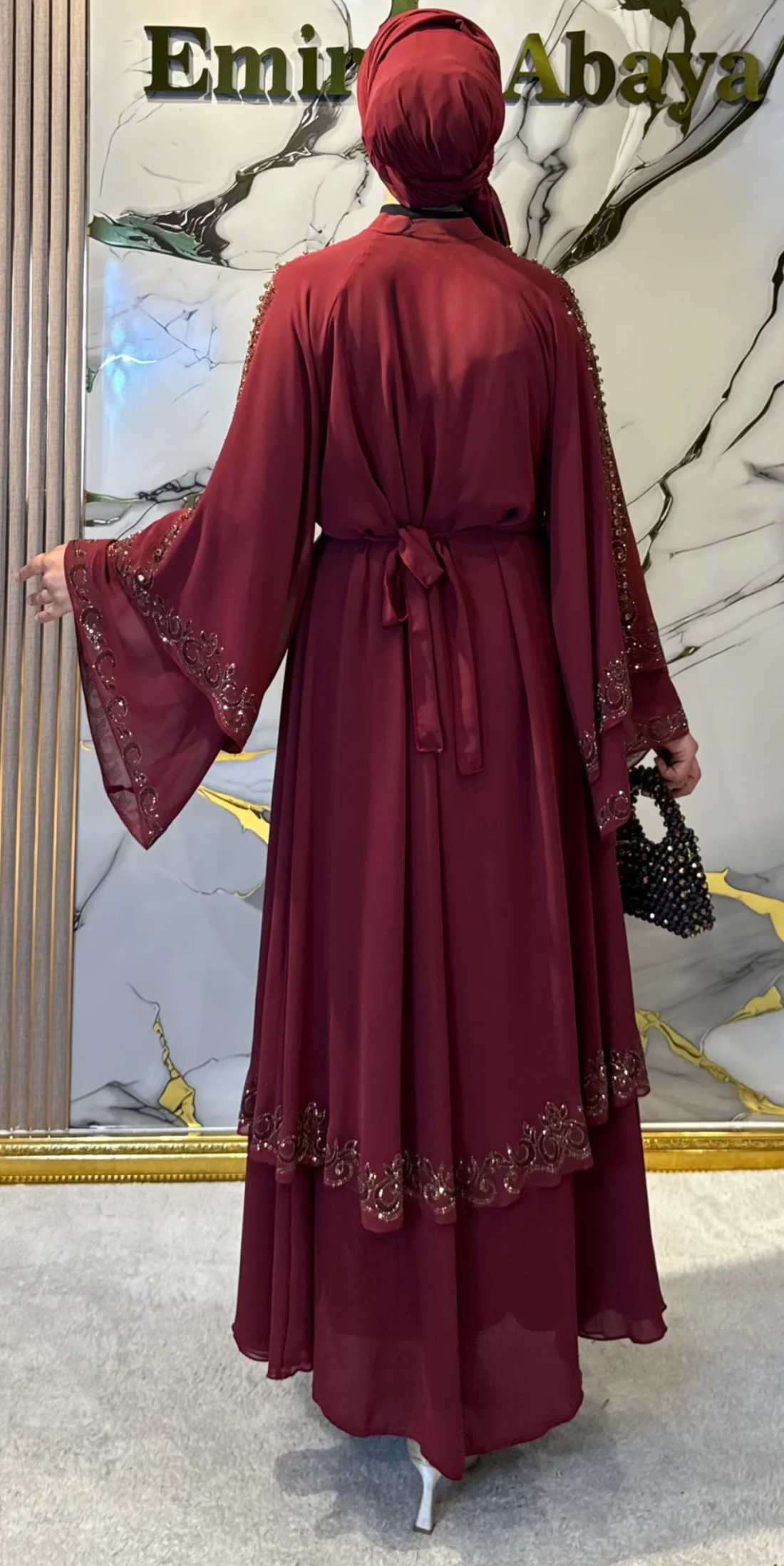 Double Layered Burgundy Chiffon Set with Gold Stones, Shawl and Belt Included | LY14 GSBORDO