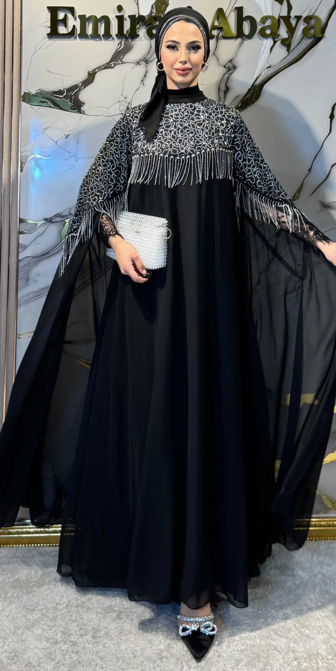 Siyah Şifon Beyaz Taşlı Uzun Kollu Abaya | WS56 WSB