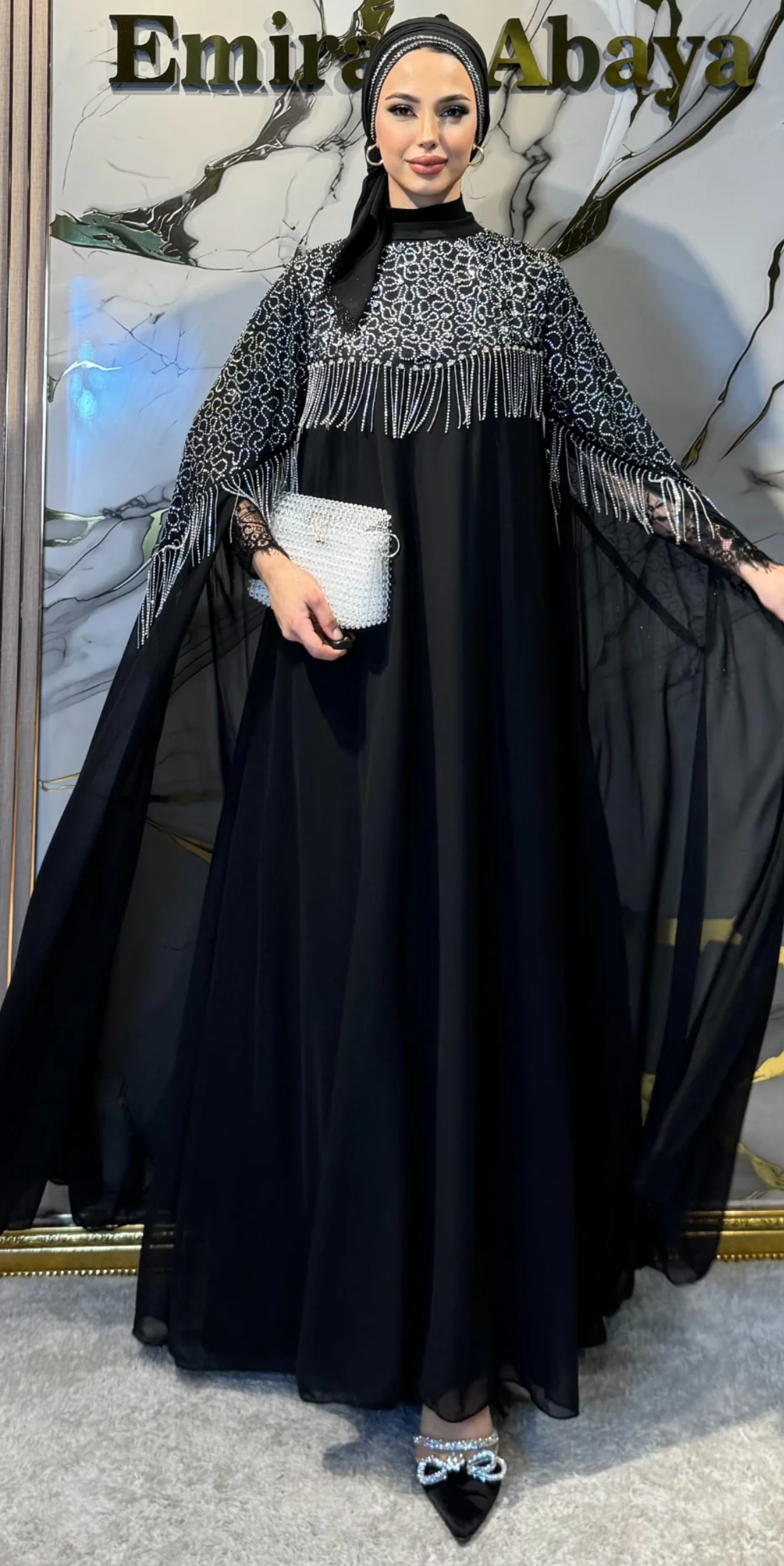 Siyah Şifon Beyaz Taşlı Uzun Kollu Abaya | WS56 WSB