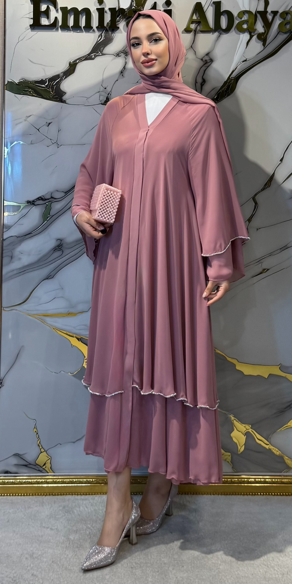 Luxury Two-Layer Pink Abaya with Swarovski Crystals - Elegant Custom Design RK009 WSP