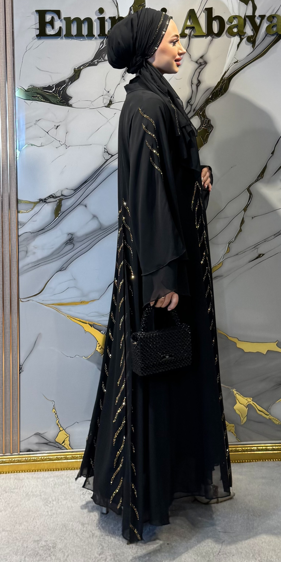 Black Abaya with Front Slit and Gold Embellishments - Elegant Chiffon Model TM06 GSB TICK