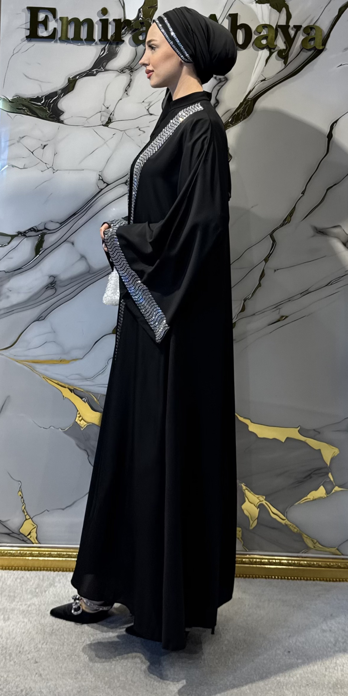 Siyah 3 Parça Yöresel Takım Beyaz Taş İşlemeli Dubai Kumaş Abaya | TM47 WSB