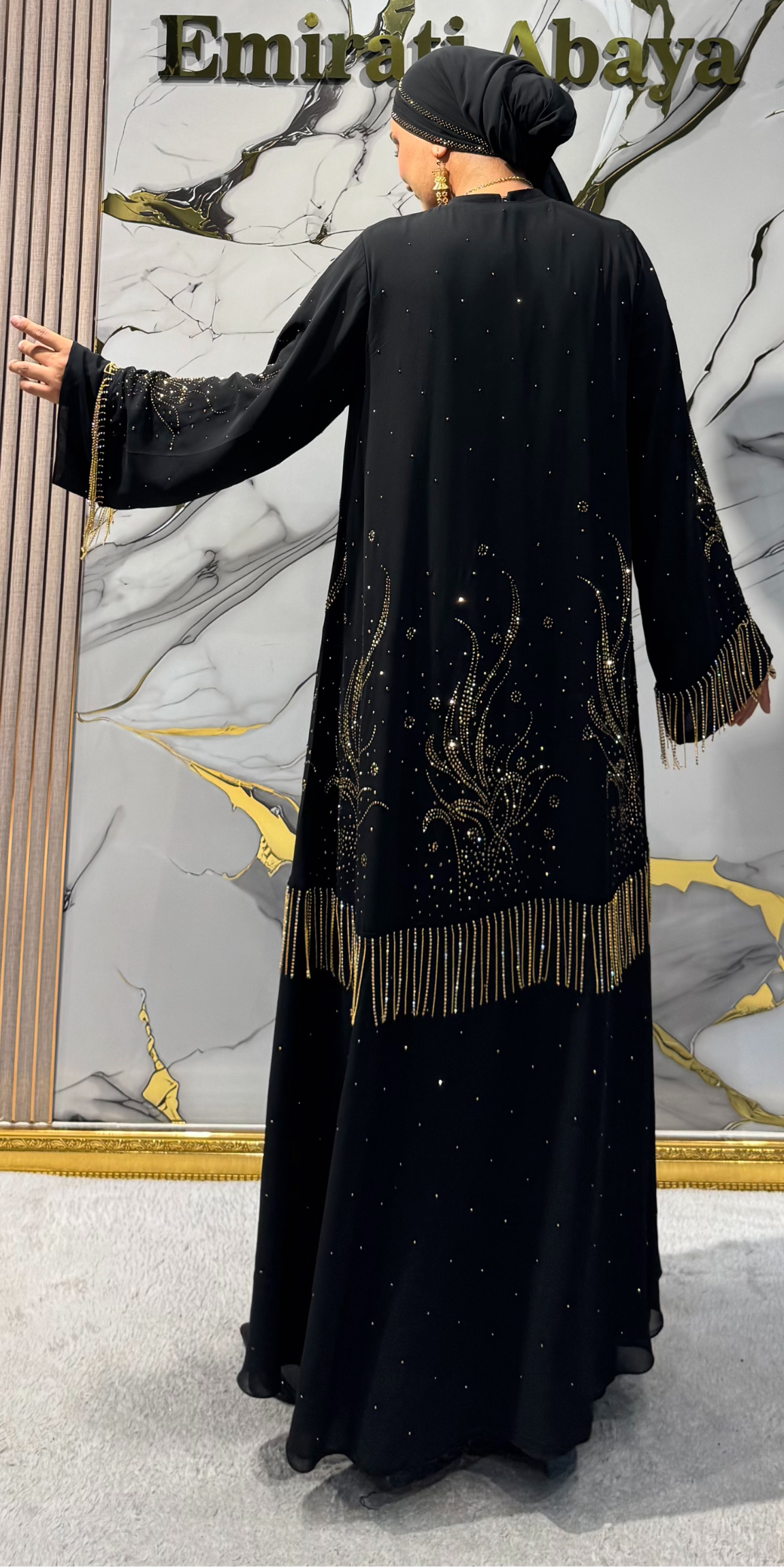 Yapışkan Gold Taşlı Şifon Abaya - Püskül Detaylı | LY62 GSB
