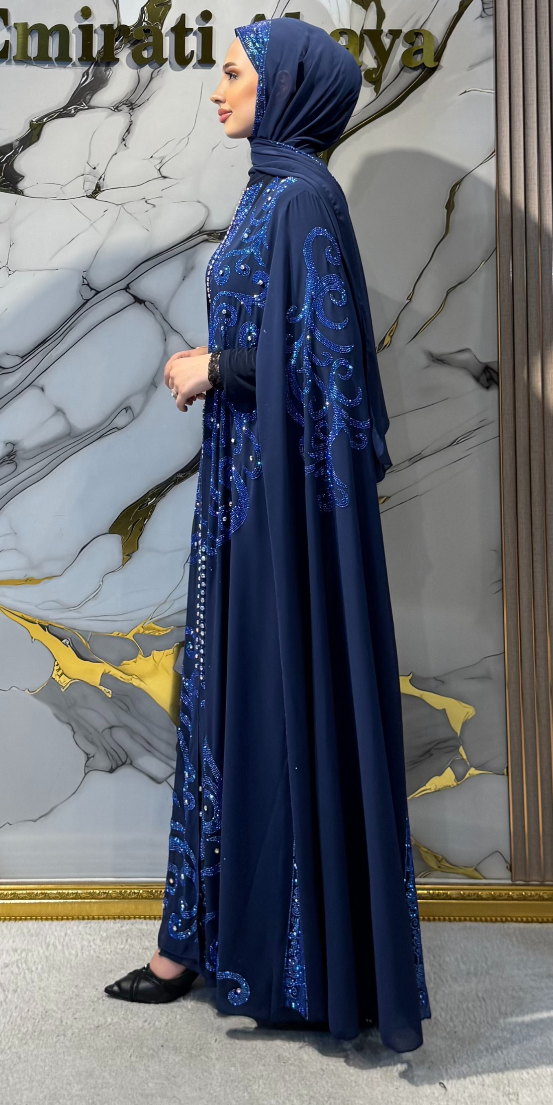 WS73 LSL Lacivert Payetli Cape Kollu Abaya Takımı