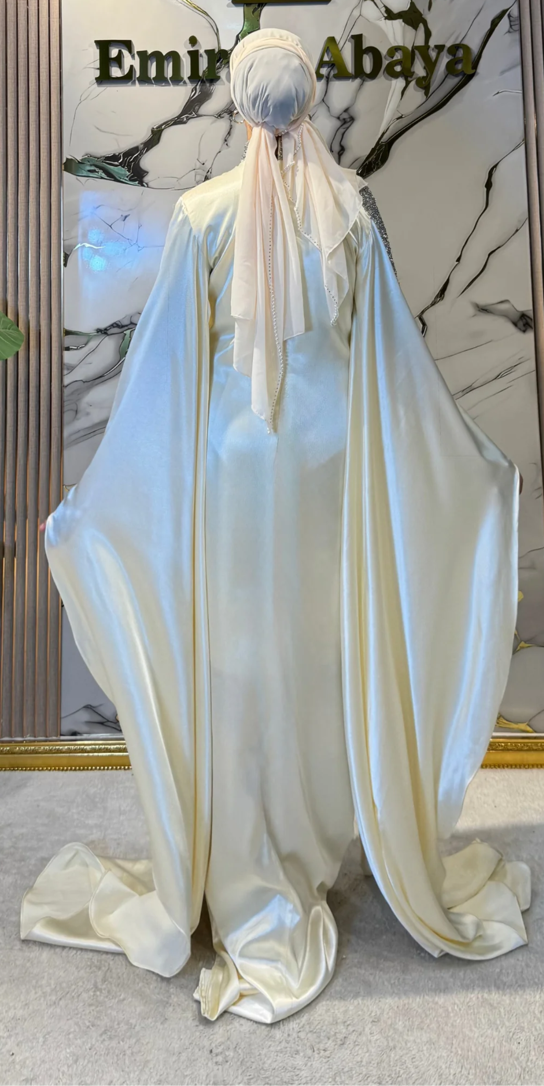 Cream Hand-Embroidered Floral Satin Evening Gown with Stone Details | EF009 WSK