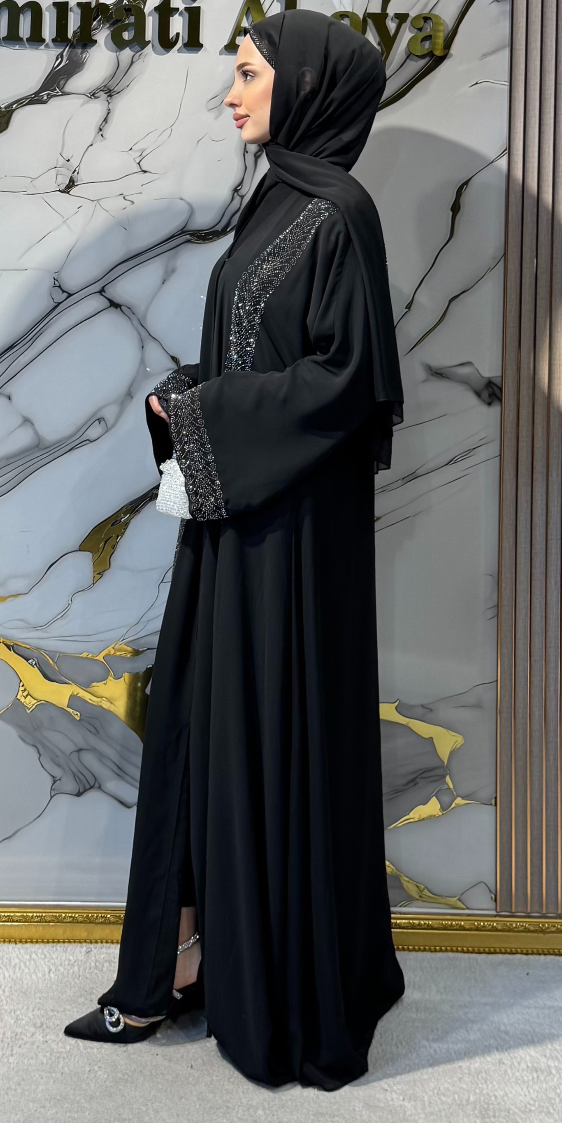 Önü Açık Siyah Hematite Taş Şık Abaya TM41 HSSB