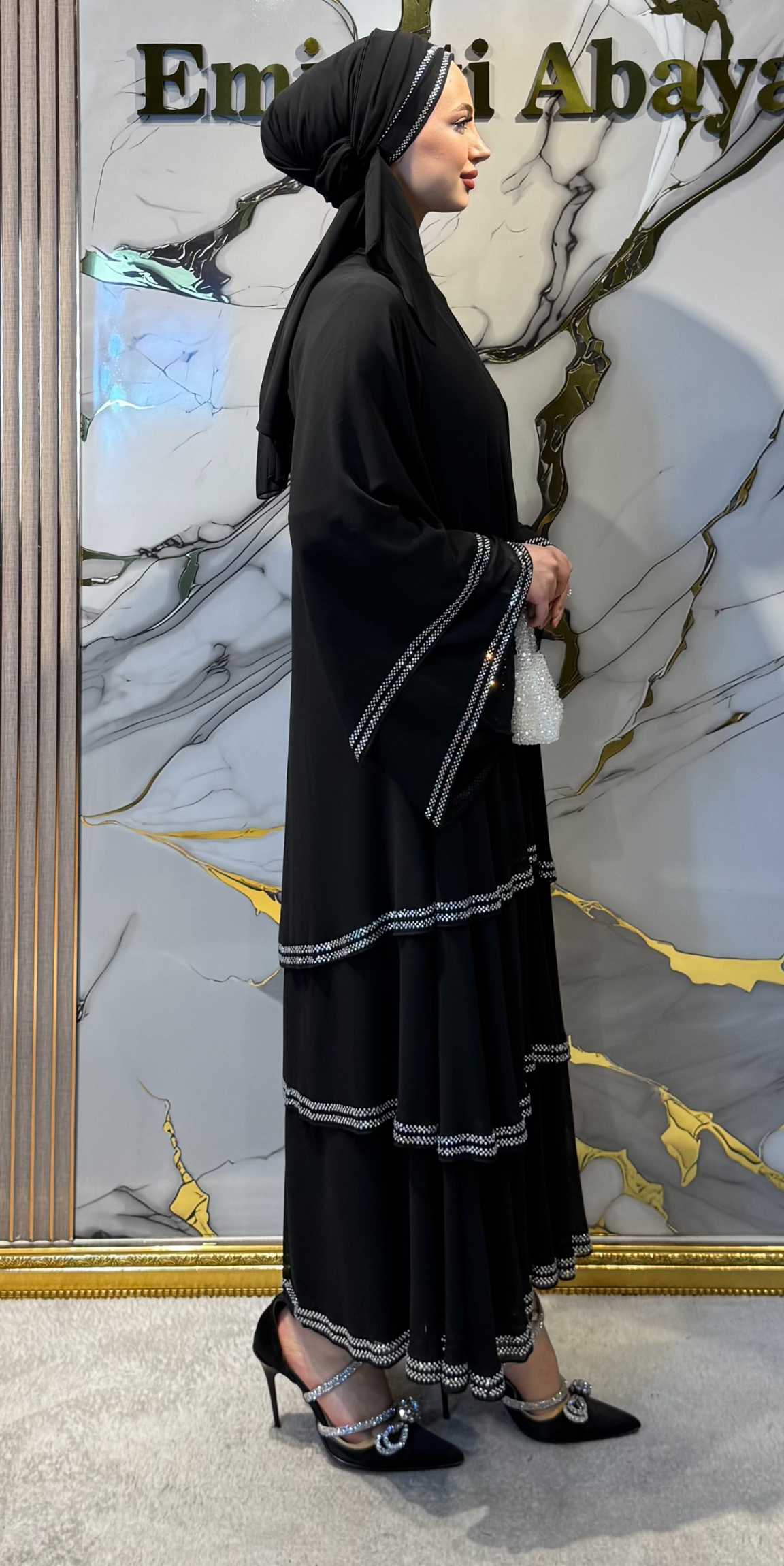 Three-Layer Black and White Embellished Chiffon Abaya - Belt and Shawl Included | TM44 WSB