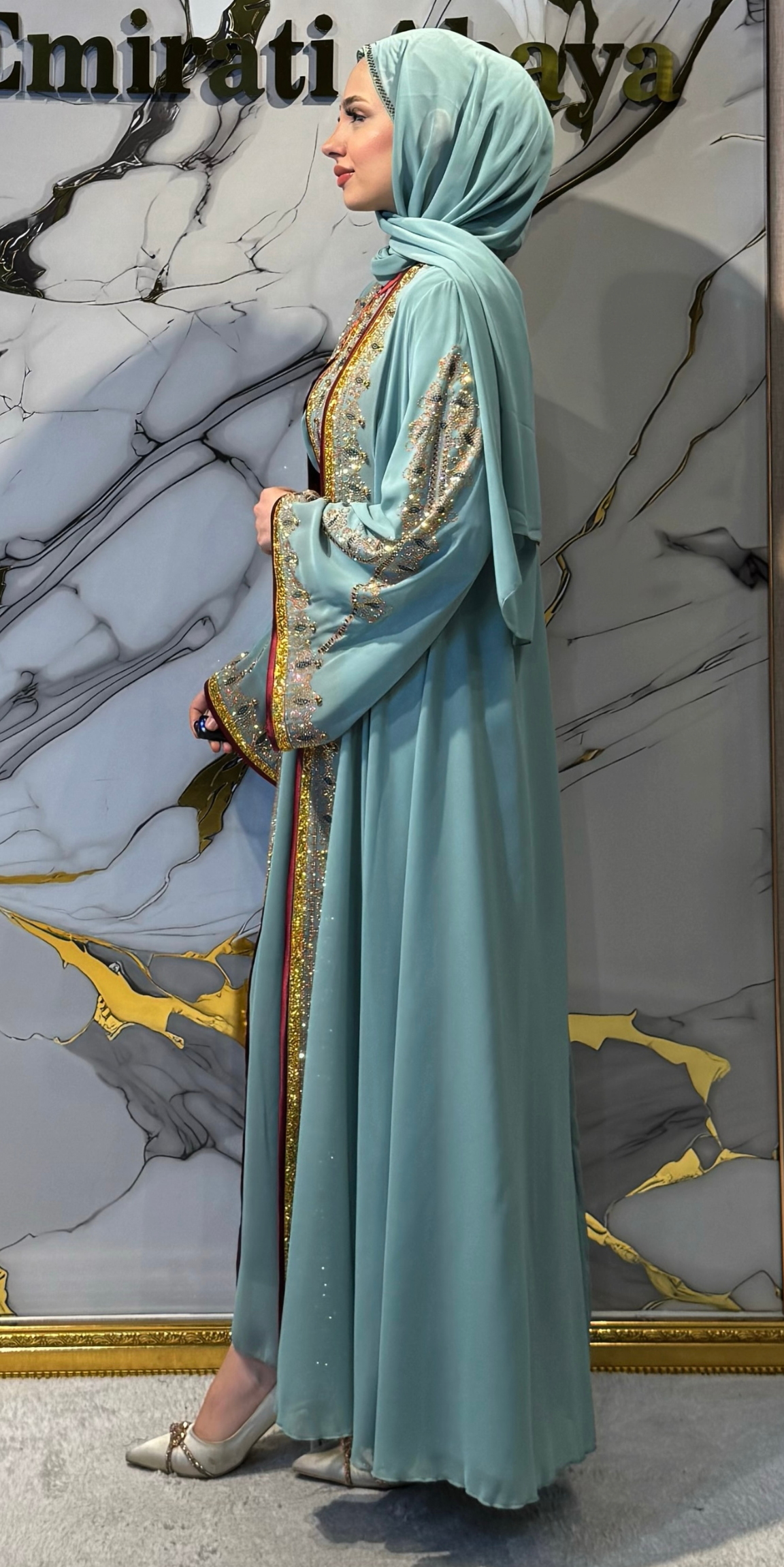 Gold Embellished Open-Front Green Chiffon Traditional Set - 4-Piece Luxury Set (Includes Shawl, Belt and Undergarment) WS74 GSY