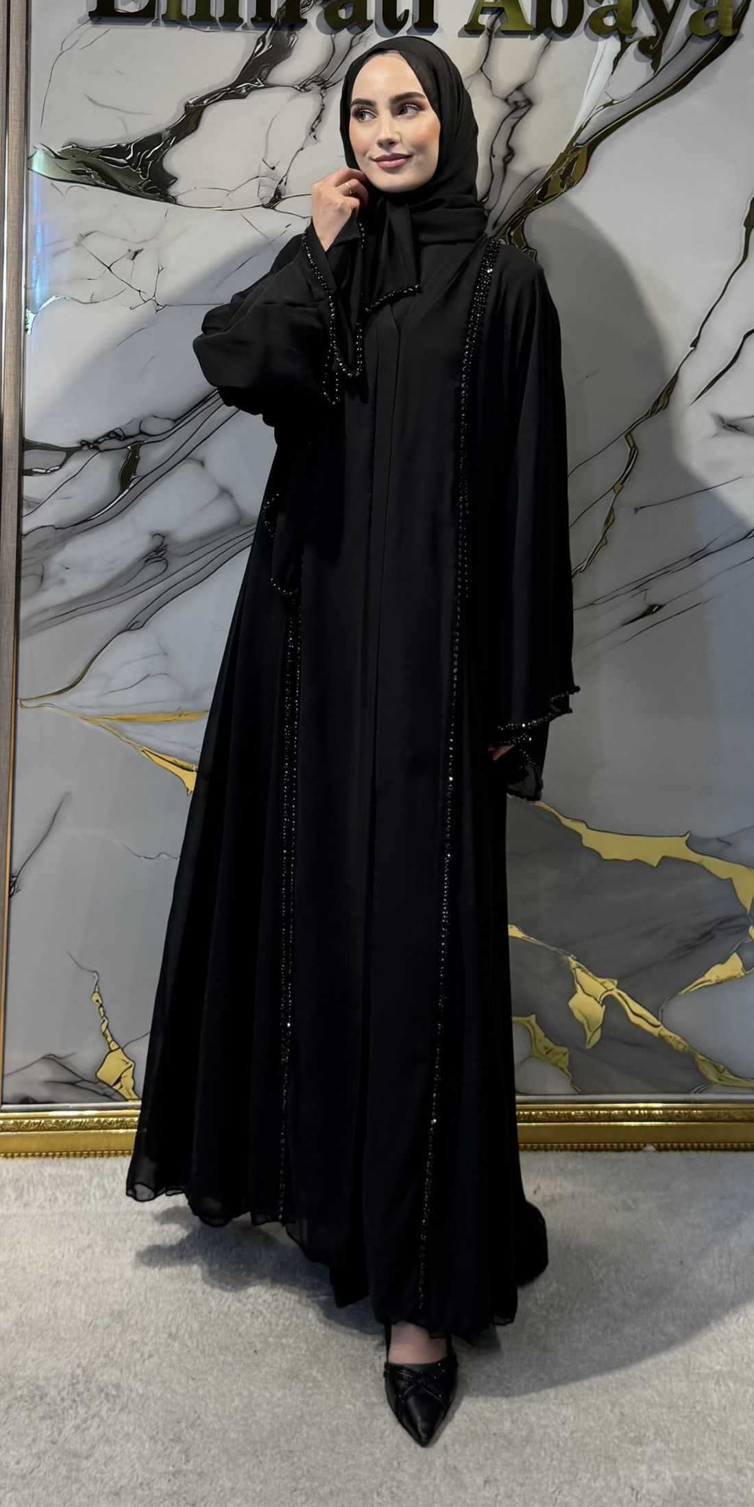 Önü Yırtmaçlı Siyah Taşlı Şifon Siyah Abaya - Zarif Lüks Model TM06 C BSB
