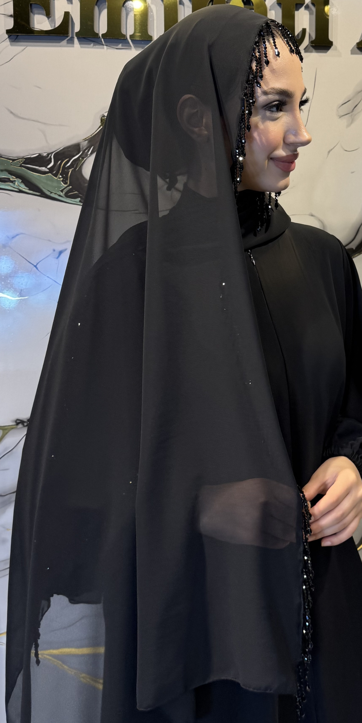 Siyah Kore Şifon Parlak Taşlı Şal 180x75cm ŞAL18 BSB - Premium Zarif Model