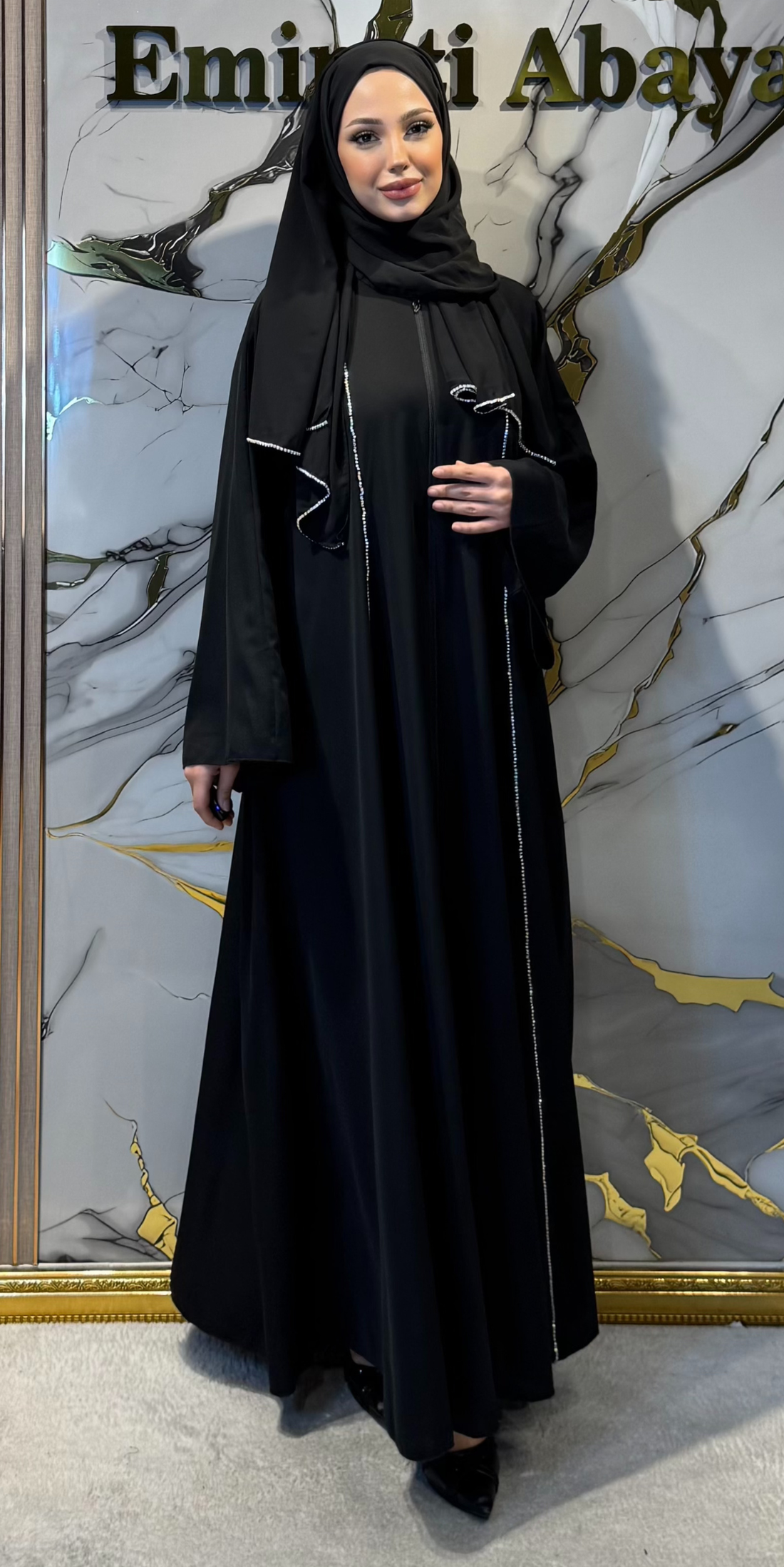 Swarovski Taşlı Fermuarlı Siyah Abaya TM0101WB - Lüks Zarif Model