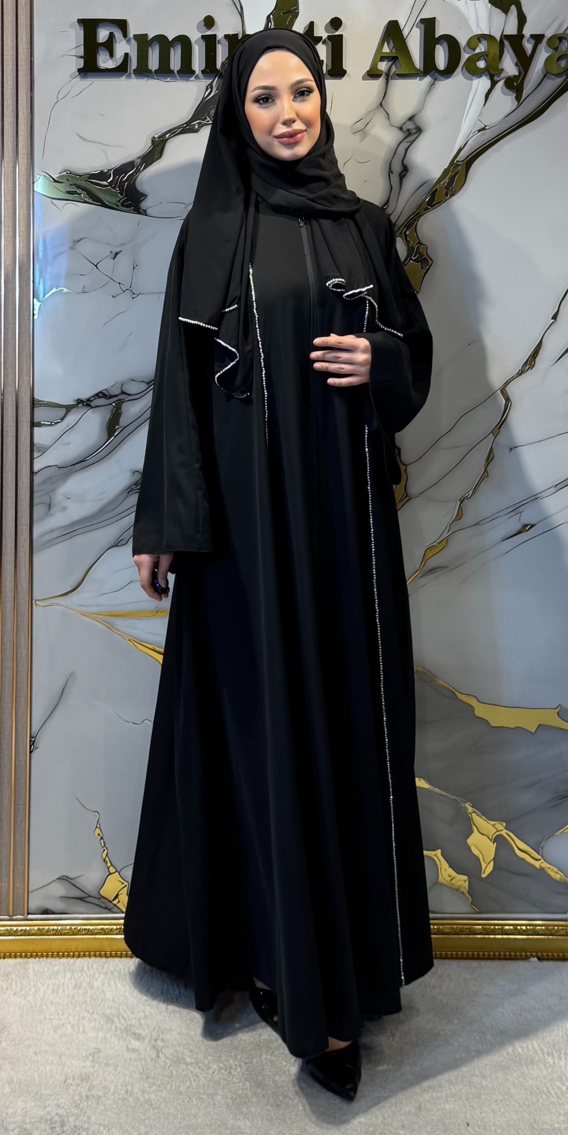 Swarovski Crystal Embellished Zippered Black Abaya TM0101WB - Luxurious and Elegant Model