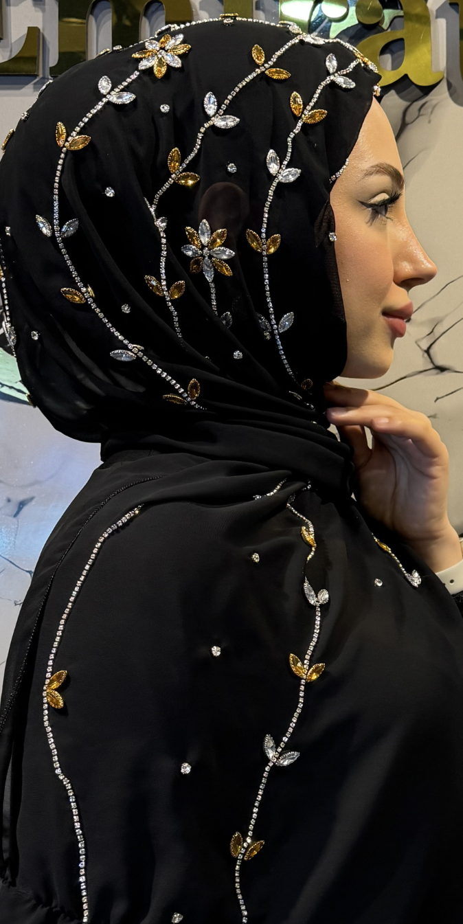 Beyaz ve Turuncu Taşlı Dal Desenli Siyah Şifon Şal | EH003 GSB