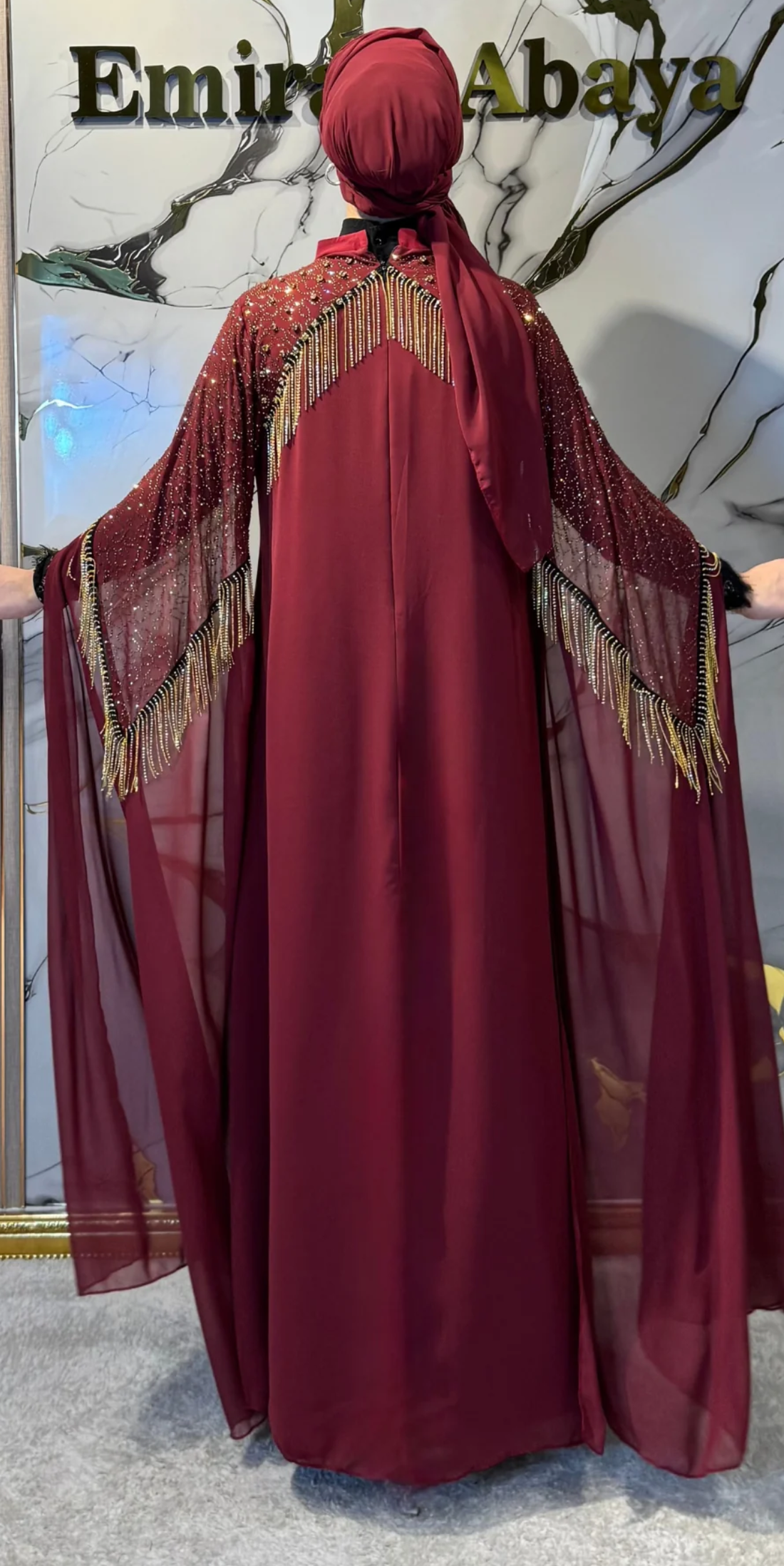 Burgundy Chiffon Long-Sleeved Abaya with Gold Embellishments | WS56 GSBORDO